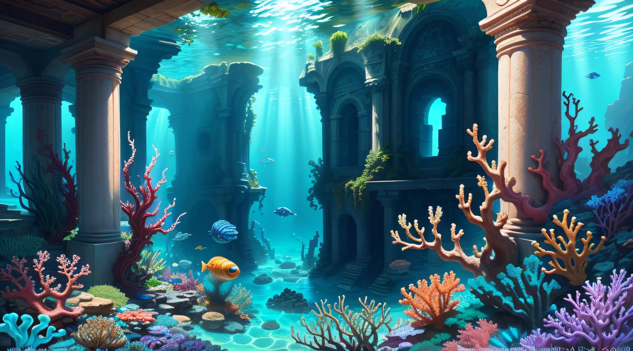 The underwater world of Atlantis, deep sea, epic reality, (hdr: 1.4), dappled sunlight, cool colors, ancient ruins, ocean-type houses full of design sense, deep-sea creatures, coral, fantastic and incredible, epic composition , (Complicated Detail), (Complicated Detail, Ultra Detail: 1.2), Art Station, (Masterpiece, Best Quality) --v 6