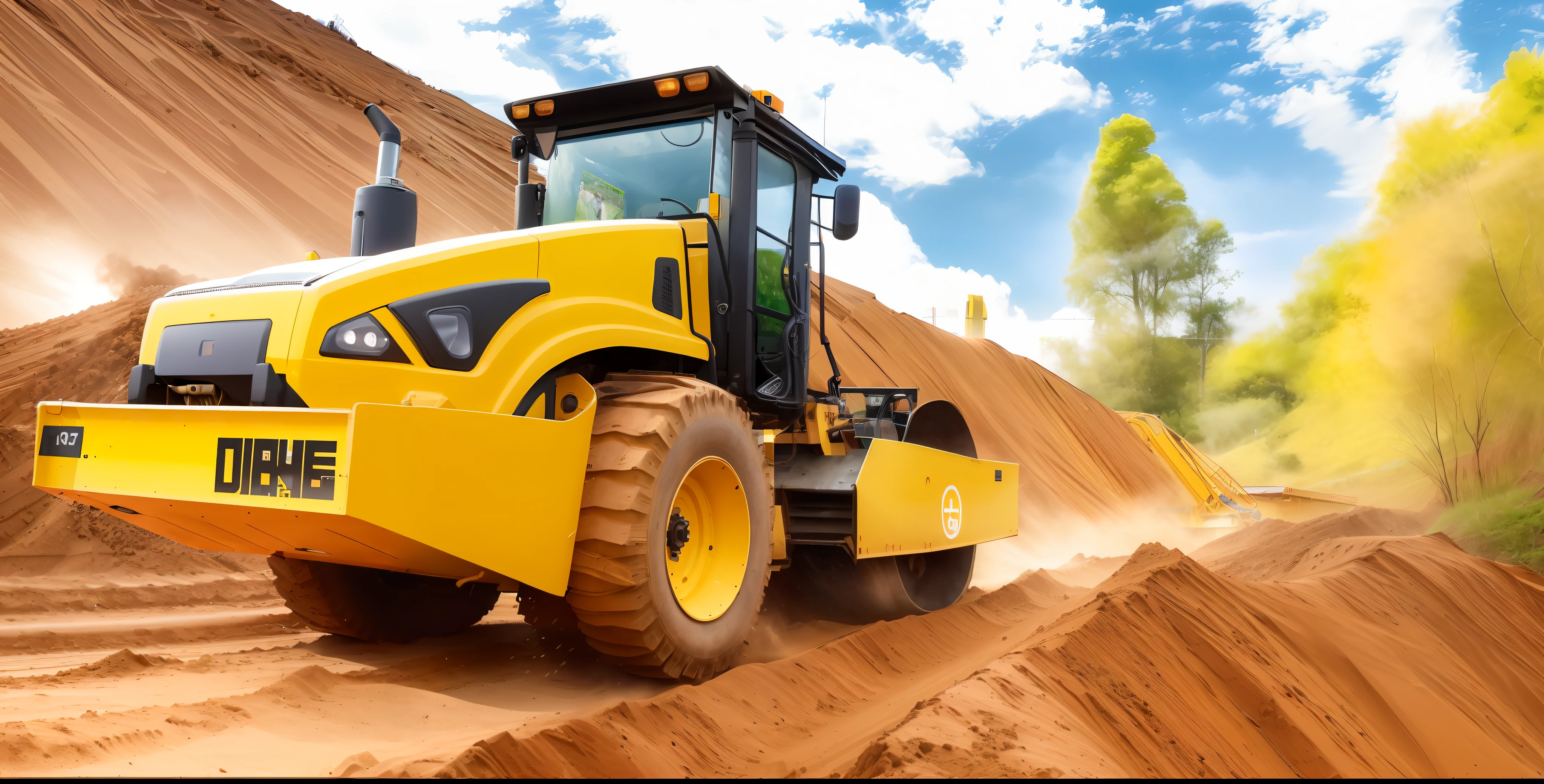 a close up of a yellow construction vehicle on a dirt road, maquinas pesadas, massive construction machines, ground-quebra, Jcb, digging, construction, trabalhando duro, mining, foto retrato, Retrato de um grande, imagem de alta qualidade", advertising photo, foto do instagram, inovador, Simon Hollósy, demolition, fotografia - shot, cascalhos ao redor, Martelo grande