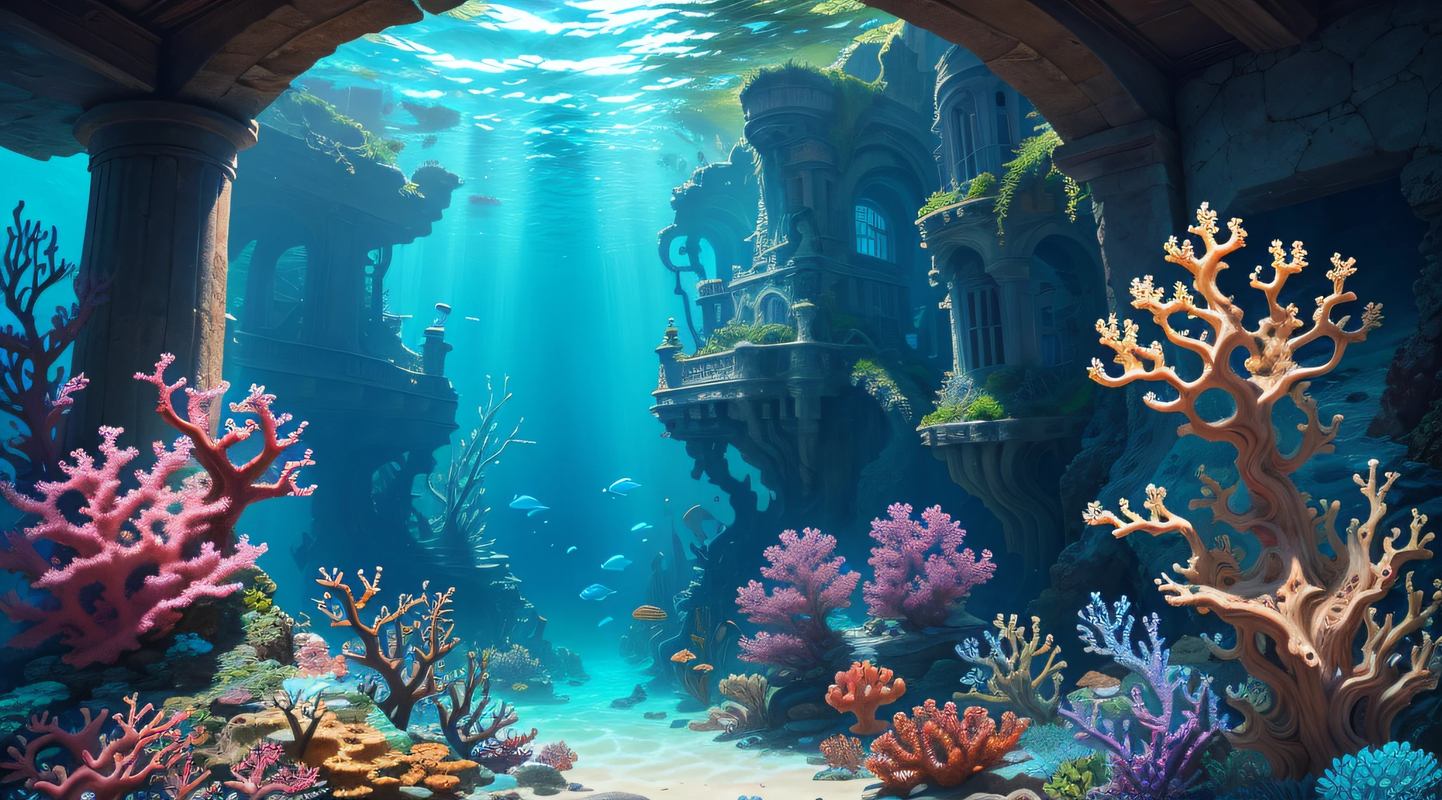 The underwater world of Atlantis, deep sea, epic reality, (hdr: 1.4), dappled sunlight, cool colors, ancient ruins, ocean-type houses full of design sense, deep-sea creatures, coral, fantastic and incredible, epic composition , (Complicated Detail), (Complicated Detail, Ultra Detail: 1.2), Art Station, (Masterpiece, Best Quality) --v 6