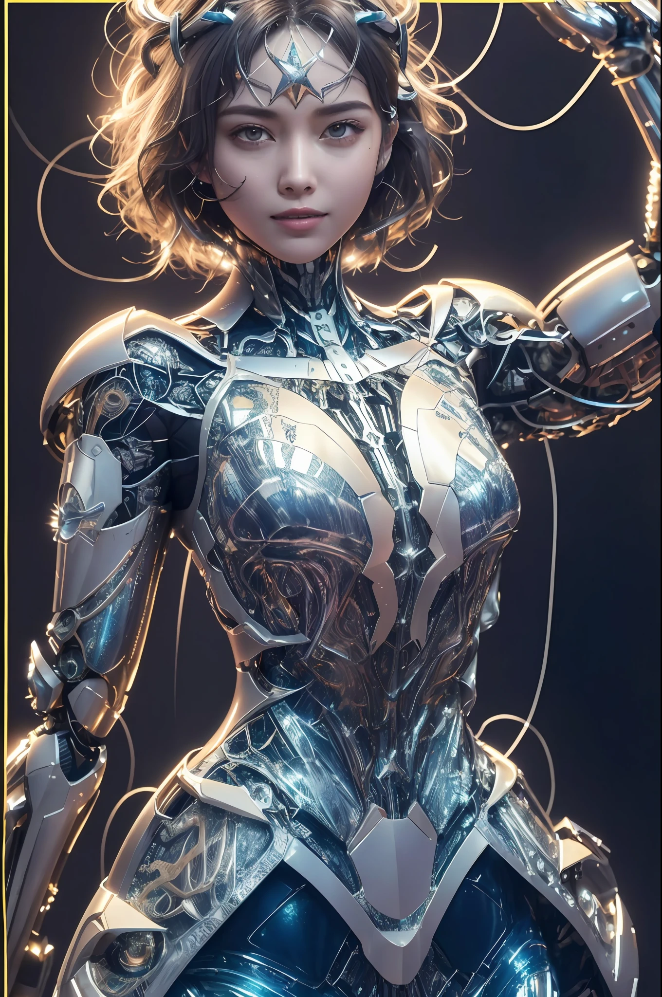 Obra-prima, melhor qualidade, super detalhado, very detailed illustrations, "olhos muito detalhados", detalhes intrincados, hight resolution, detalhes super complexos, papel de parede 8k cg muito detalhado, lente 50MM, caustic, reflexos, ray tracing, nebulosas, halos escuros, efeitos de rede, (1girl: 1.4), solo, sozinho, mecha musume, mechanical parts, robot joints, single mechanical arm, chapelaria, mechanical halo, halo estrela, electrical mechanical bodysuit, espartilho mecha,  quimono, armadura completa, cabelo muito longo, cabelo branco, cabelo entre os olhos, cabelo multicolorido, olhos azuis, olhos brilhantes, random expression, random action, arquitetura chinesa antiga, starry sky, horizonte, ((imagem centralizada)) without cutting off the head.