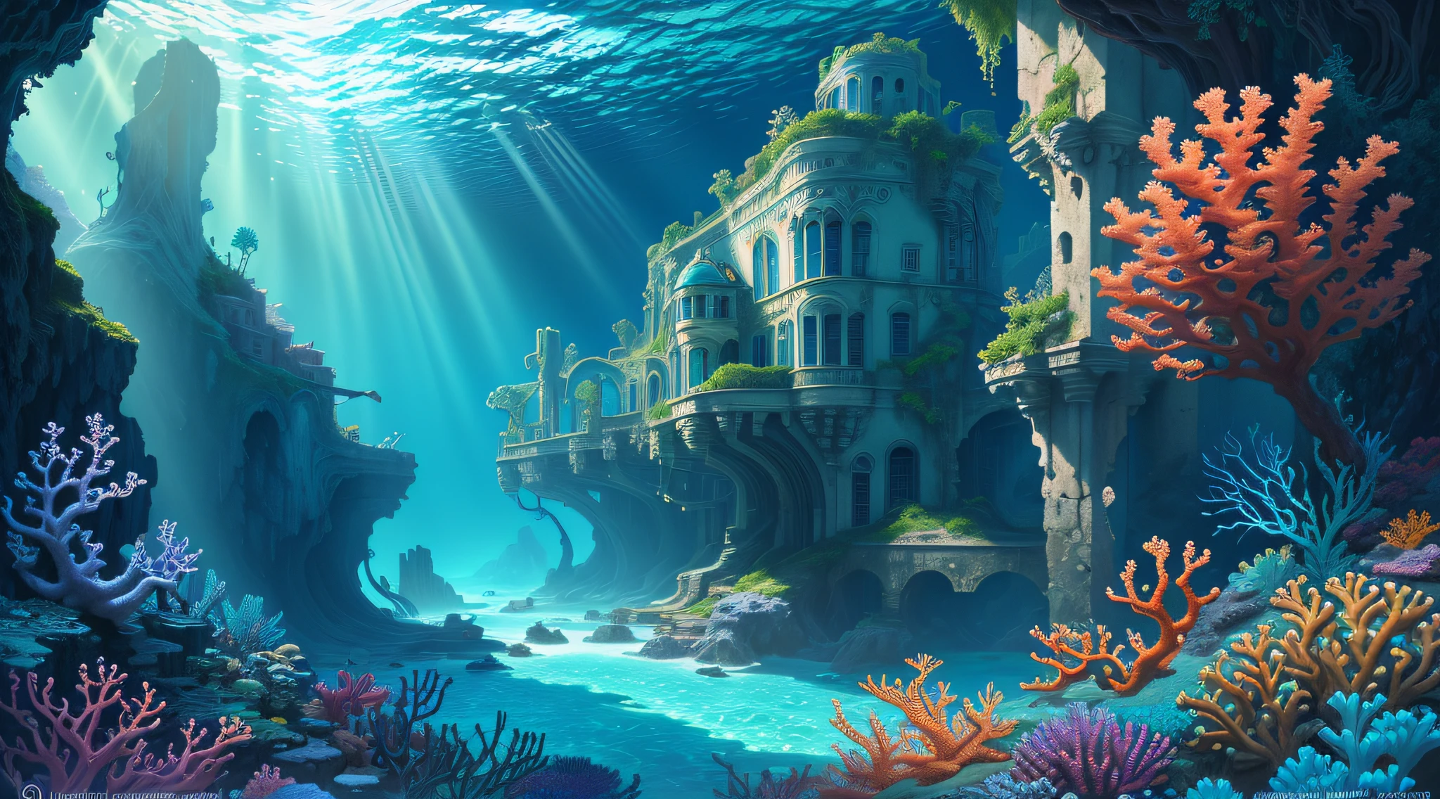The underwater world of Atlantis, deep sea, epic reality, (hdr: 1.4), dappled sunlight, cool colors, ancient ruins, ocean-type houses full of design sense, deep-sea creatures, coral, fantastic and incredible, epic composition , (Complicated Detail), (Complicated Detail, Ultra Detail: 1.2), Art Station, (Masterpiece, Best Quality) --v 6