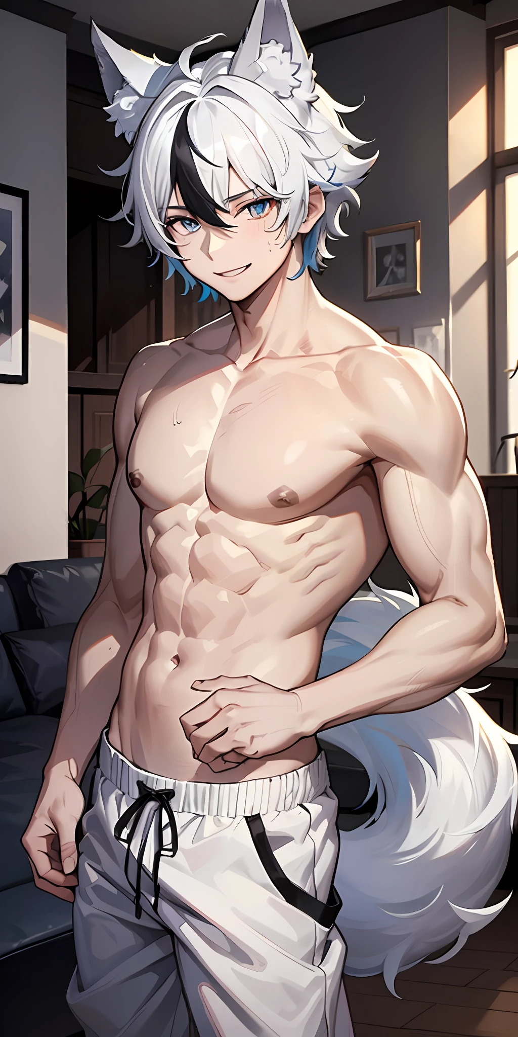 1boy, wolf ears, wolf tail, short fluffy white hair with black streaks, blue and white eyes, slim body, ultra masterpiece, shirtless, sweatpants, living room setting, smile