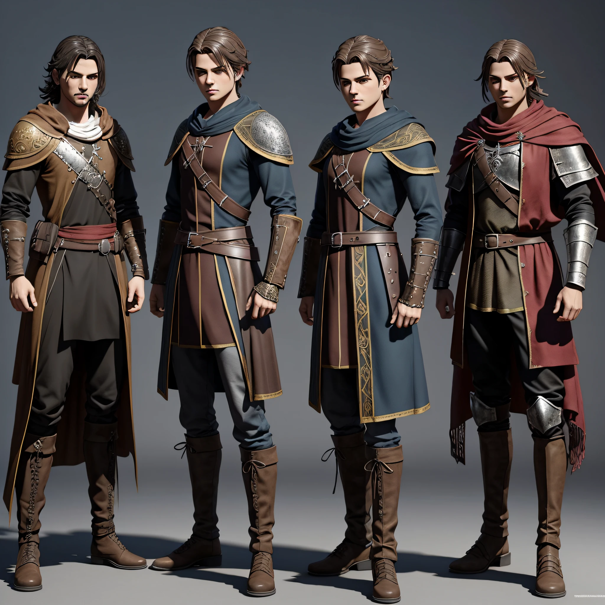 personagem de rpg medieval, concept art, ladino acolito, roupas de couro leve e tecido sobreposto, roupa desgastada, tecidos escuros, sem capacete, sem armas, homem adolescente de  anos, em 3d feito no zbrush, 4k, estilo dark fantasy