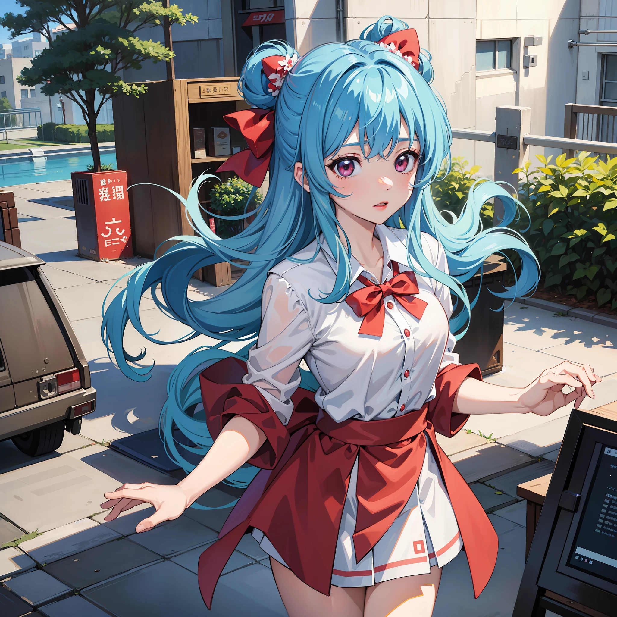 MASTERPIECE, maximum quality, 1girl Solo,Light blue hair、Light red eyes、high school student、short、younger sister、Adorable、Small Tits、KyoAni Style