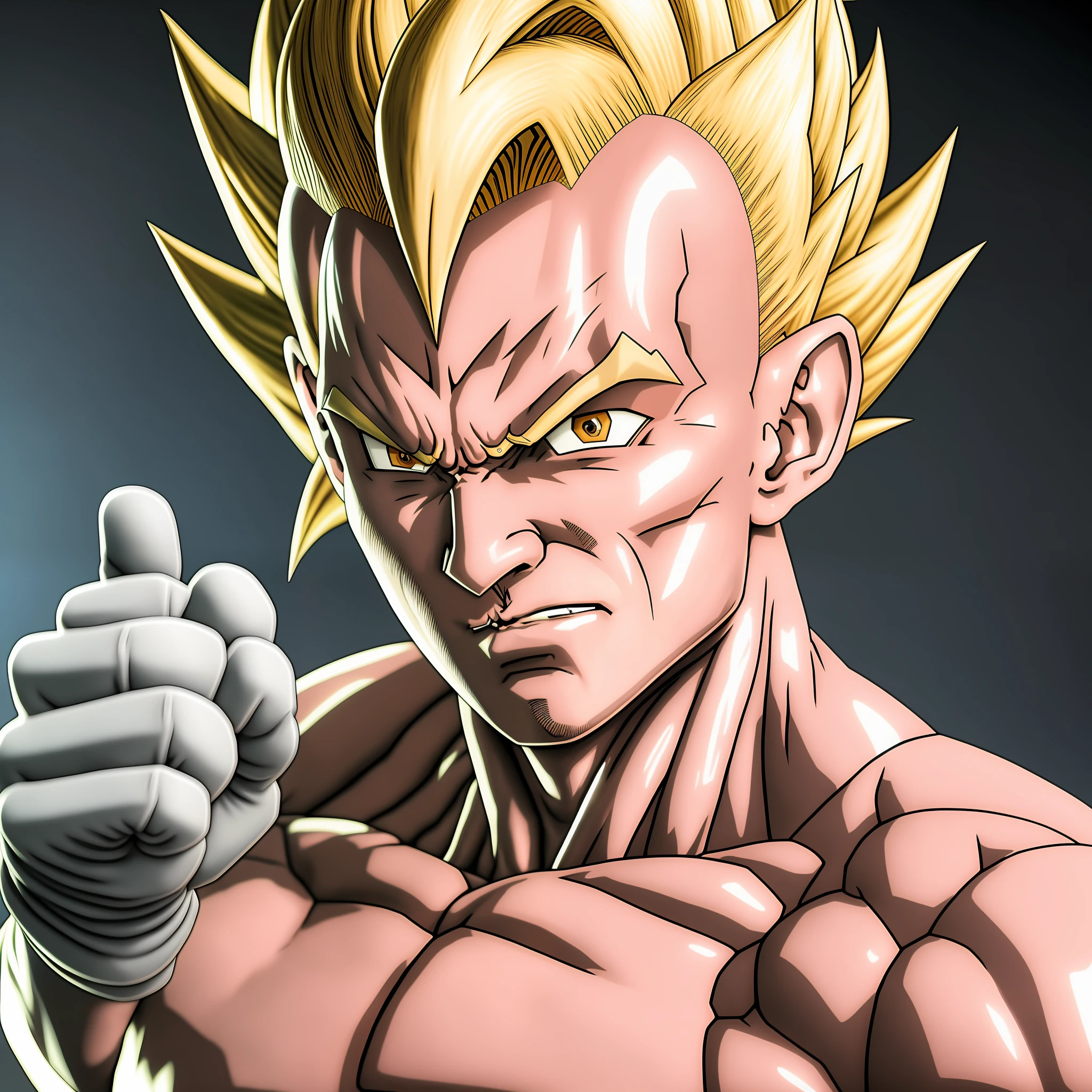 A Majin2 face portrait, digital art, white gloves, blonde ,blonde eyebrows, clenched fists, looking, young pale skinny white , full head,anatomically correct, (((8k resolution))) , insanely detailed and intricate, the musculature of the body inspired in comics Dc and Marvel and Majin Vegeta, copy of Majin Vegeta by Dragon Ball Z, 1 character .