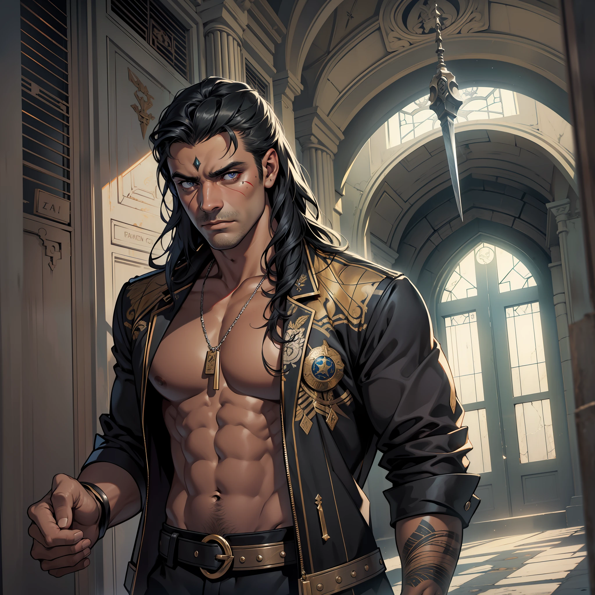 (papel de parede 8k extremamente detalhado), Tema escuro, Vampire the Masquerade, Horror moderno, anos 2020, (homem), (((africano))), assustador, bigode e cavanhaque, vestindo terno preto, focus sharp, (Subsurface scattering:1.1), fotografia premiada, rosto centralizado, rosto do Oscar Isaac, foto realista, tiro de meio corpo:1.2, ((pele negra)), cabelo preto curto longo, olhos amarelos sobrenaturais:1.2, indifferent expression, large medieval indian sword by hand, Entrance to abandoned mausoleum, dramatic illumination