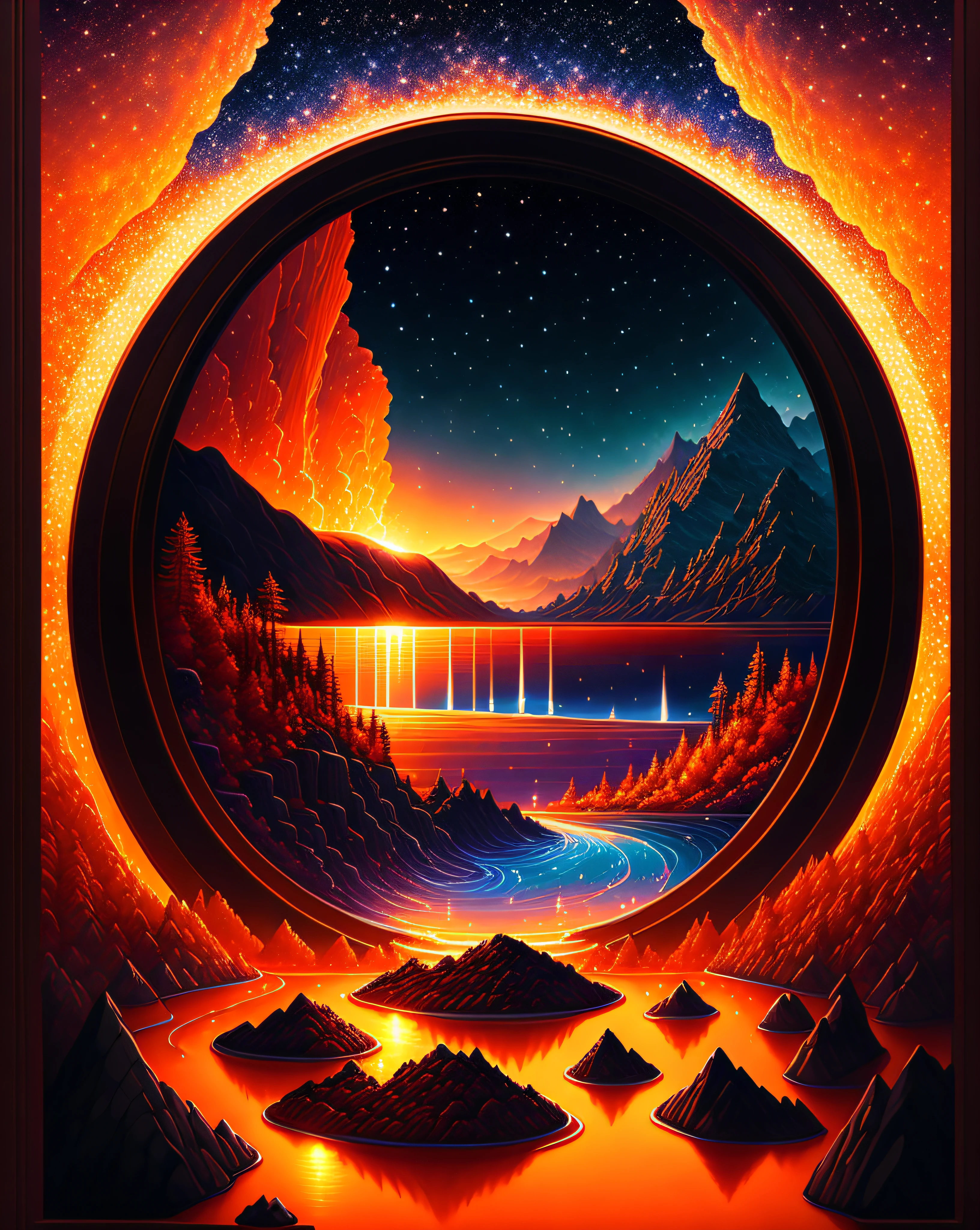 A beautiful Earth full of water and lava, intricate, masterpiece, expert, very detailed, 4k, composition, frame, center, symmetry, painting, intricate, volumetric lighting, beautiful, rich dark masterpiece, sharp focus, ultra-detail, in the style of Dan Mumford and Marc Simonetti, astrophotography