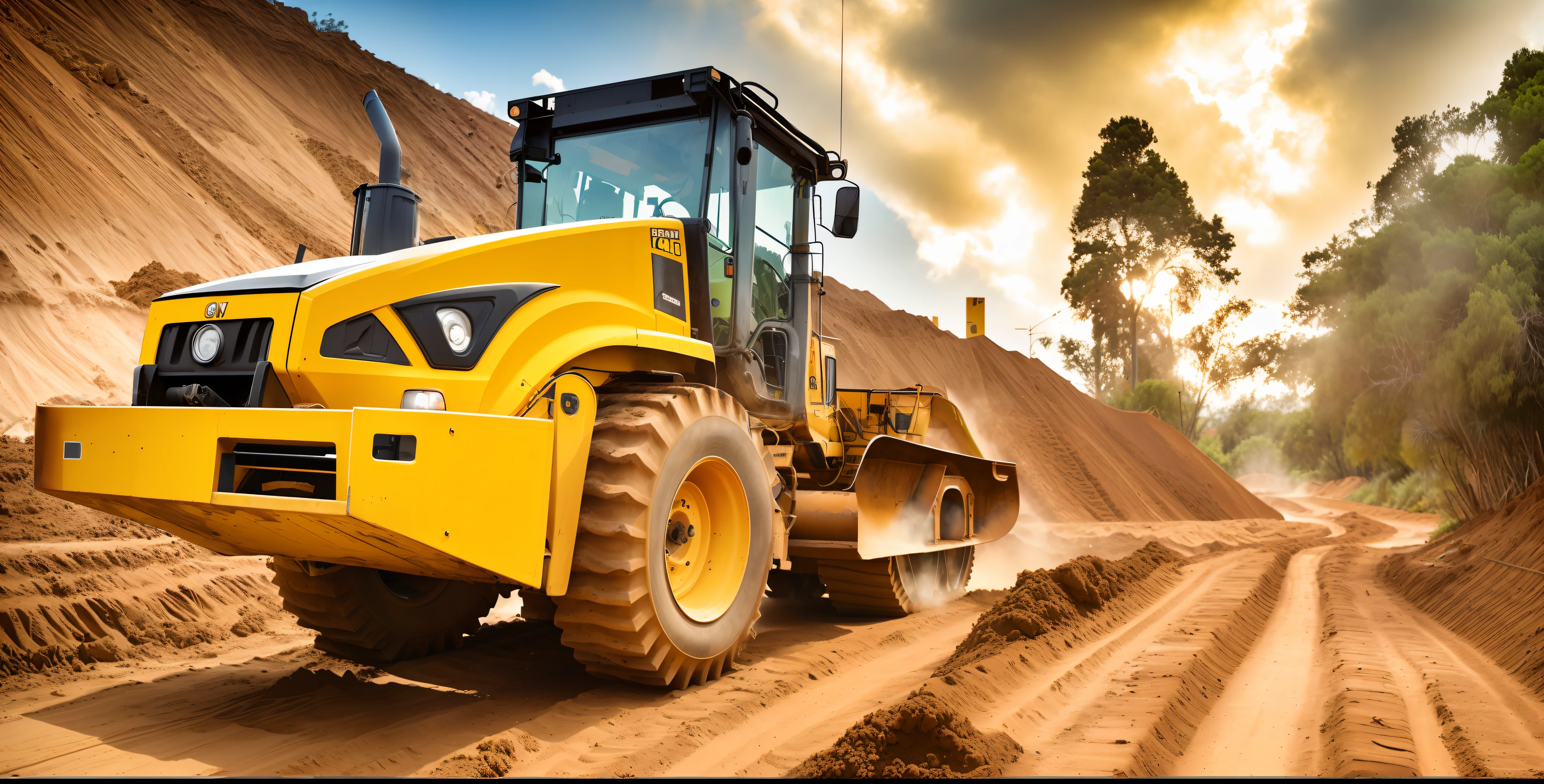 a close up of a yellow construction vehicle on a dirt road, maquinas pesadas, massive construction machines, ground-quebra, Jcb, digging, construction, trabalhando duro, mining, foto retrato, Retrato de um grande, imagem de alta qualidade", advertising photo, foto do instagram, inovador, Simon Hollósy, demolition, fotografia - shot, cascalhos ao redor, Martelo grande