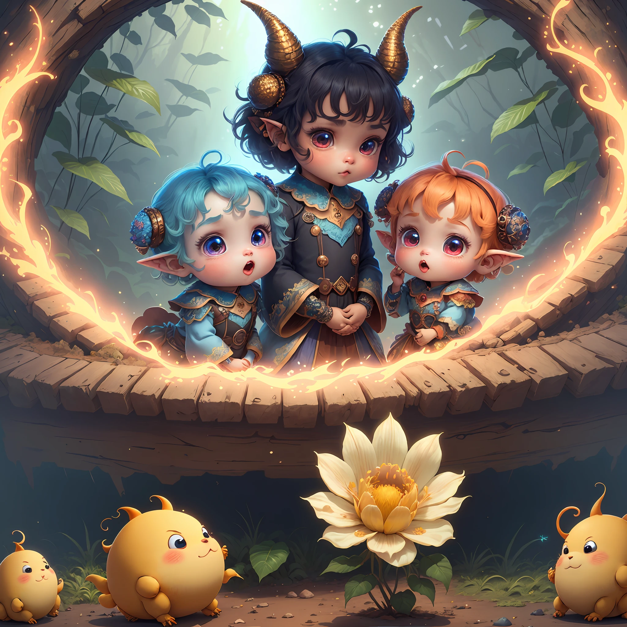 (extremely cute and delicate CG illustration, ultra-detailed and ultra-high quality), best illumination, best shadow, an extremely cute and adorable cu73cre4ture (agama), with big round eyes and a small cute mouth, small horns on its head, vibrant and vivid colors, dynamic angle, dynamic pose, floating, in a magical and enchanting place, with lush vegetation and vibrant flowers.