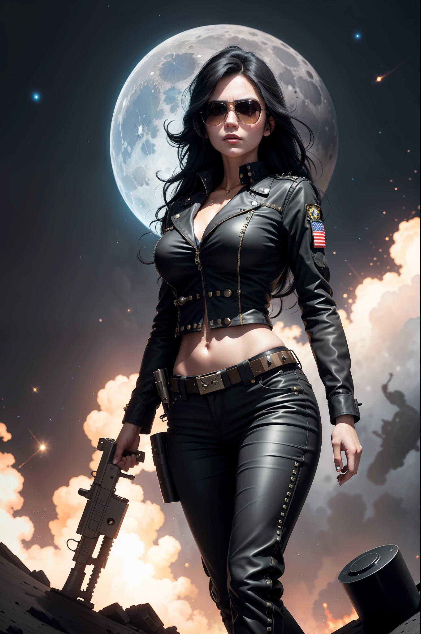 Medium breasted woman, pants, rivets, holsters, big gun, long black hair, sunglasses, on the moon, explosions behind.