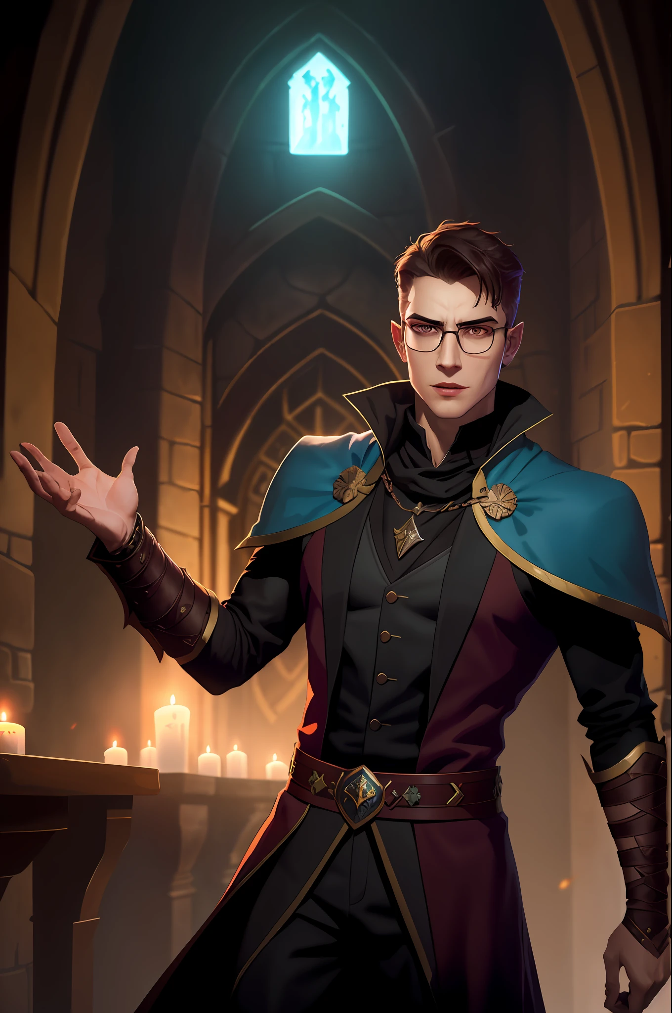 male focus, solo, dnd character, dnd token, massive body, ((masterpiece)), dhampir, wizard, vampire spawn, oil painting, wearing noble clothing, portrait, epic, dungeons and dragons, geeky, with glasses, nerd, nerdy face, oval face