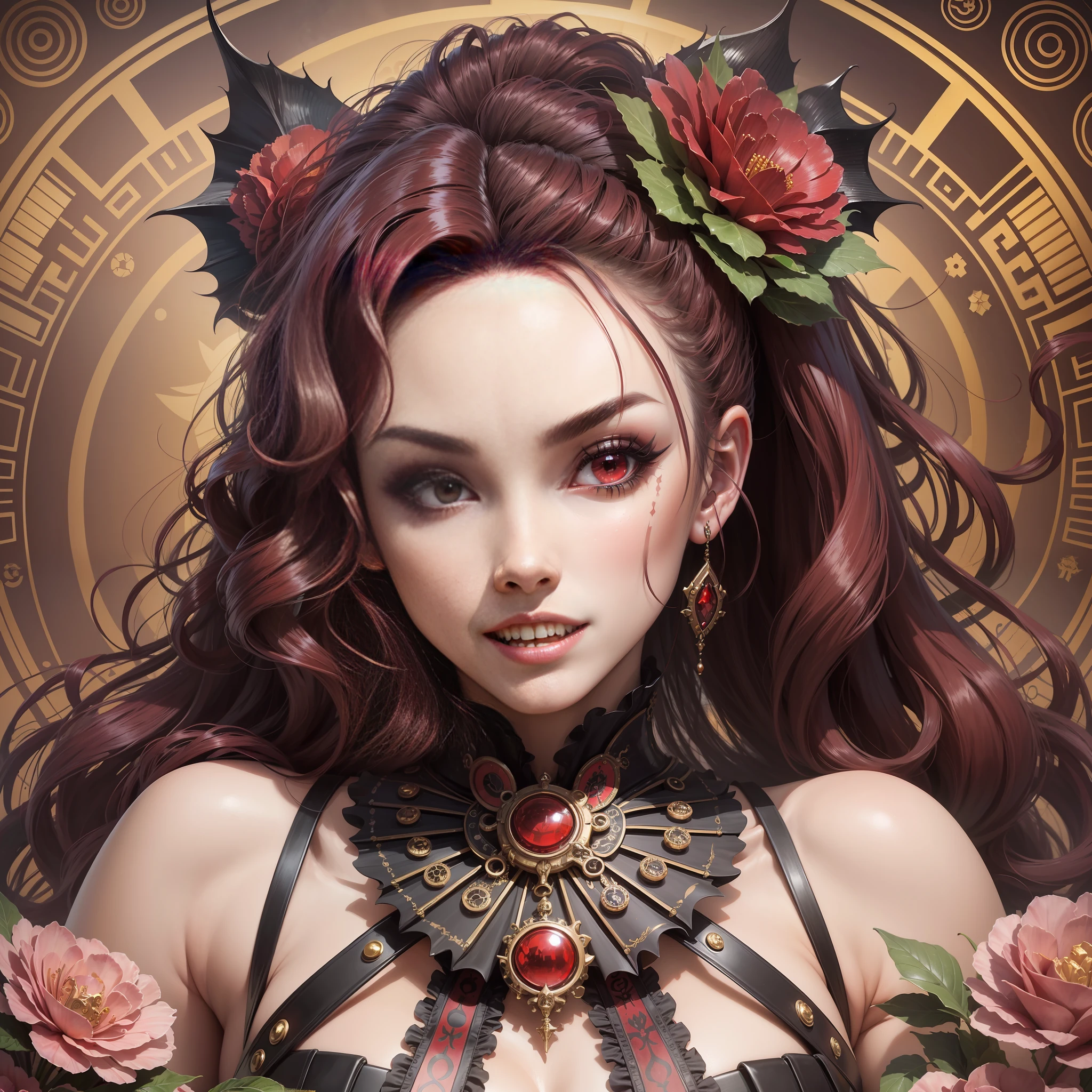A Masterpiece, Steampunk, Gothic dress Japanese Sexy Vampiress, ((Red wavy hair)), (perfect body), ((perfect detailed face)), ((perfect detailed fingers)), ((Showing teeth and Vampire Fangs)), ((Perfect Hands)), at a Futuristic Classical Japanese Castle, In a Japanese Steampunk City, Steampunk world, Jewels, Tattoos, neon, bioluminicense, wind, 8k, HD, Detailed and Intricicated