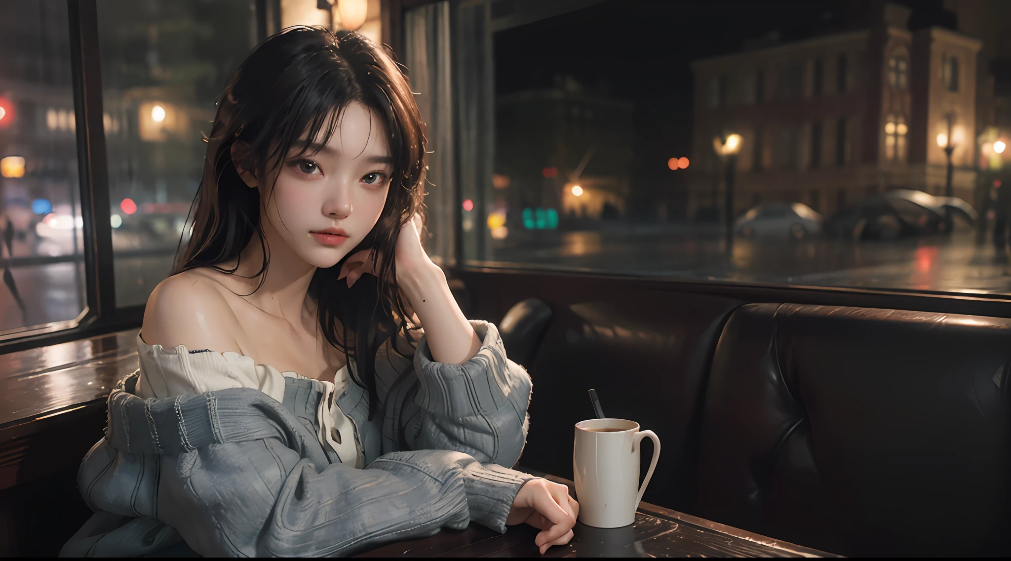 maximum quality、MASTERPIECE、Super High Resolution、(photorealistic:1.4)、Raw photo、1 girl、off shoulder、In the rainy city、A crowded figure in the background、Rainy evening、Sit in an antique café、Warm lights、It looks cold outside the window、Distract your gaze、Wet road surface