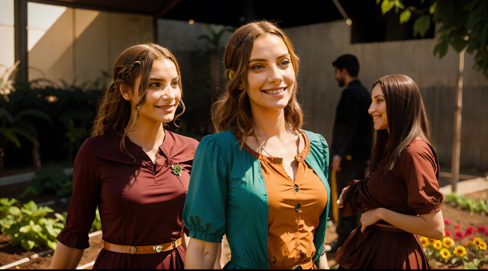 Solarpunk community garden with closeup of smiling people passing by, roupas elegantes e coloridas, vibrante, fotorrealista, realista, dramatic, cinematic lighting, focus sharp, 8k