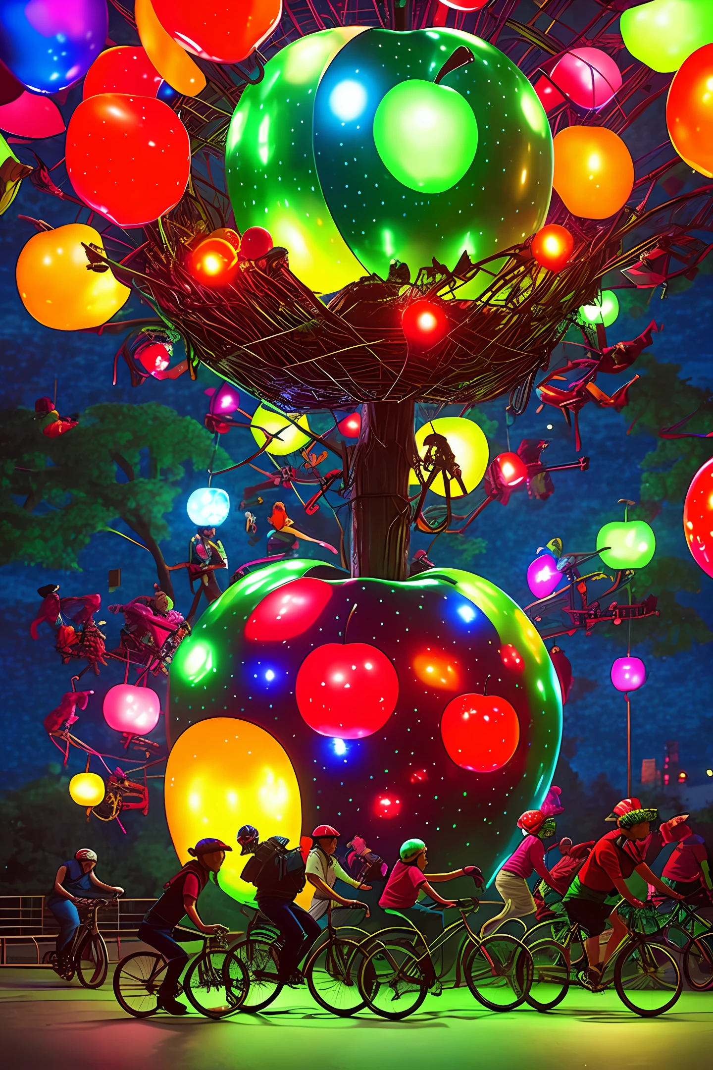 A giant apple is bitten open by Satan, and a group of bicycles float by on it, surrounded by multicolored lights