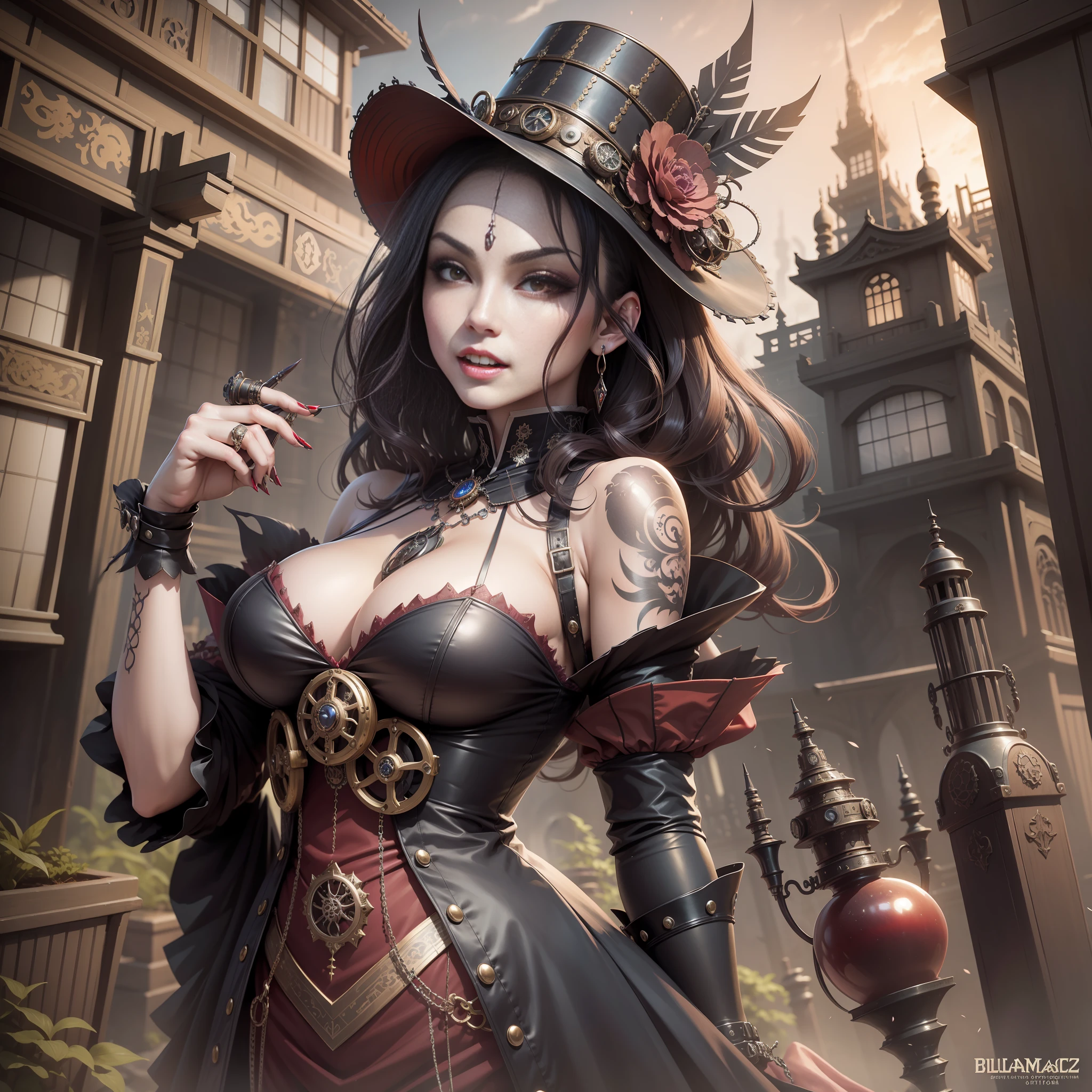 A Steampunk, Gothic dress Japanese Vampiress, perfect body, perfect detailed face, Showing teeth and Vampire Fangs, at a Futuristic Classical Japanese Castle,  In a Japanese Steampunk City, Steampunk world, Machines, Jewels, Tattoos, bioluminicense, 8k