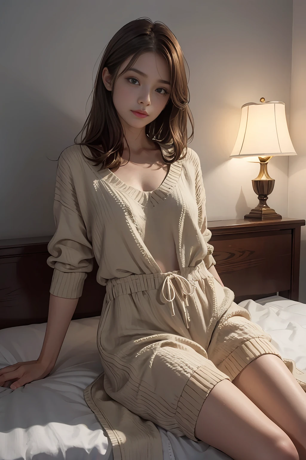Sleeping girl, 22 years old, realistic, she is wearing.........,brown hair,in the bed in the room