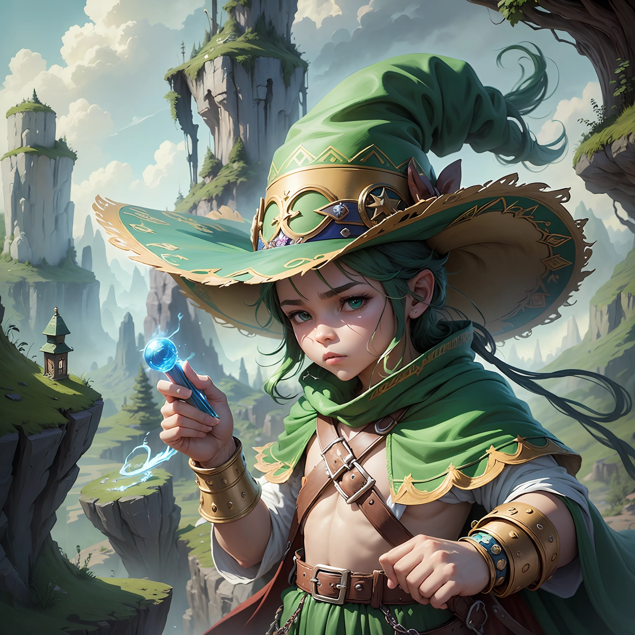 Pintura de un gnomo con un sombrero verde y un sombrero verde y un sombrero verde y un sombrero verde y un sombrero verde y un sombrero verde y un sombrero verde, 2. 5 d cgi anime fantasy artwork, detailed digital 2d fantasy art, fantasy matte painting，lindo, epic rpg artwork, digital 2d fantasy art, magical fantasy 2 d concept art --auto --s2