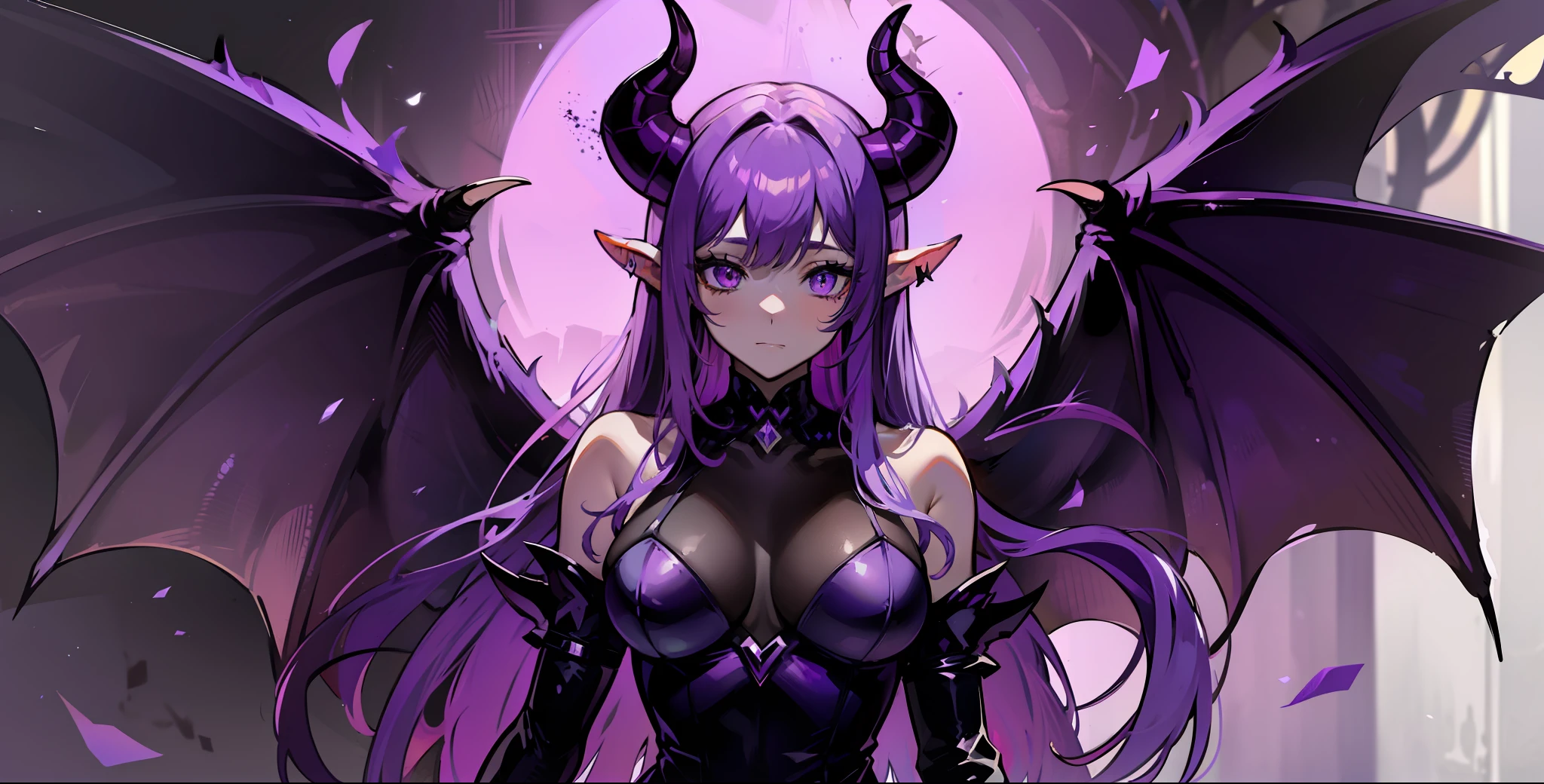 Demon girl, with ((horns and wings)) and (((purple skin)), normal clothes, total skin purple