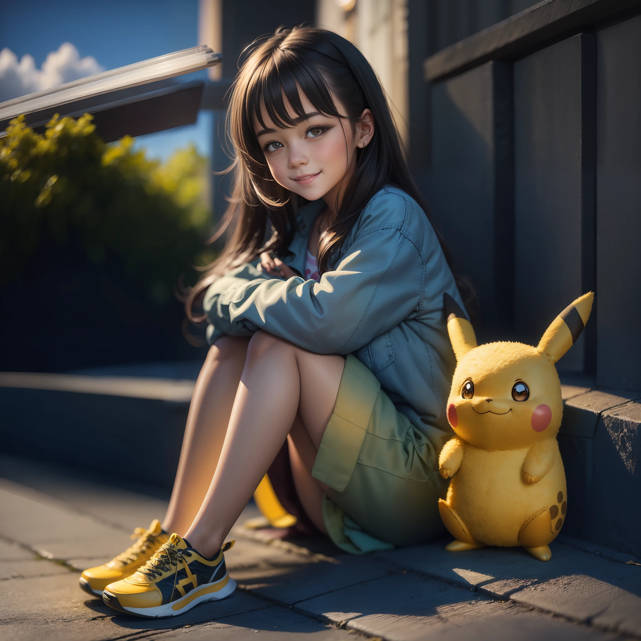 "masterpiece, best quality, ultra-detailed, realistic portrait-style illustration of a cute girl sitting on the ground, Smilling, next to a toy pikachu, beautiful lighting, depth of field, soft shadows, vibrant colors, fresh and lively scenery"