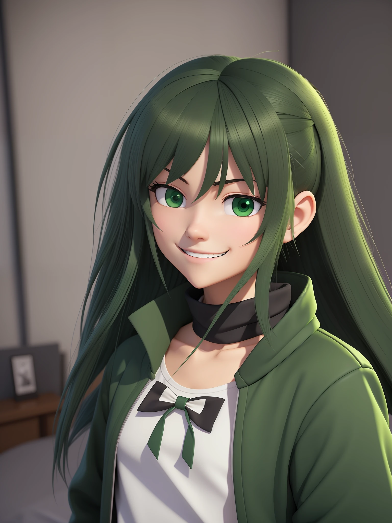 Young girl, a cartoon character in a dark green jacket, dark black shorts, ((melancholy smile expression)), long dark green hair, vivid dark green eyes, Stylized character, animation character, Stylized, Character rendering 3D, highly detailed character, stylized anime, stylized 3D, Character rendering, Character model, Closeup, (maximum quality), On top of a bed in bedroom