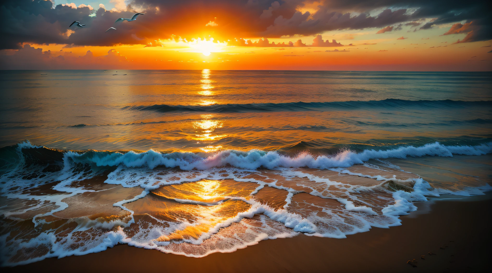 An absolutely mesmerizing sunset over the beach, com uma mistura de laranjas, Roses and yellows filling the sky. The crystal clear waters of the sea gently kiss the coast, com uma praia de areia branca que se estende por toda parte. The scene is dynamic and breathtaking, with seagulls soaring high in the sky and palm trees swaying gently. Soak up the soothing atmosphere and let the tranquility take over you, 1 linda mulher loira, hair fluttering in the wind, small transparent white bikini, corpo escultural, corpo inteiro, medium-sized breasts, sensual, foto realista, alta qualidade, 8k