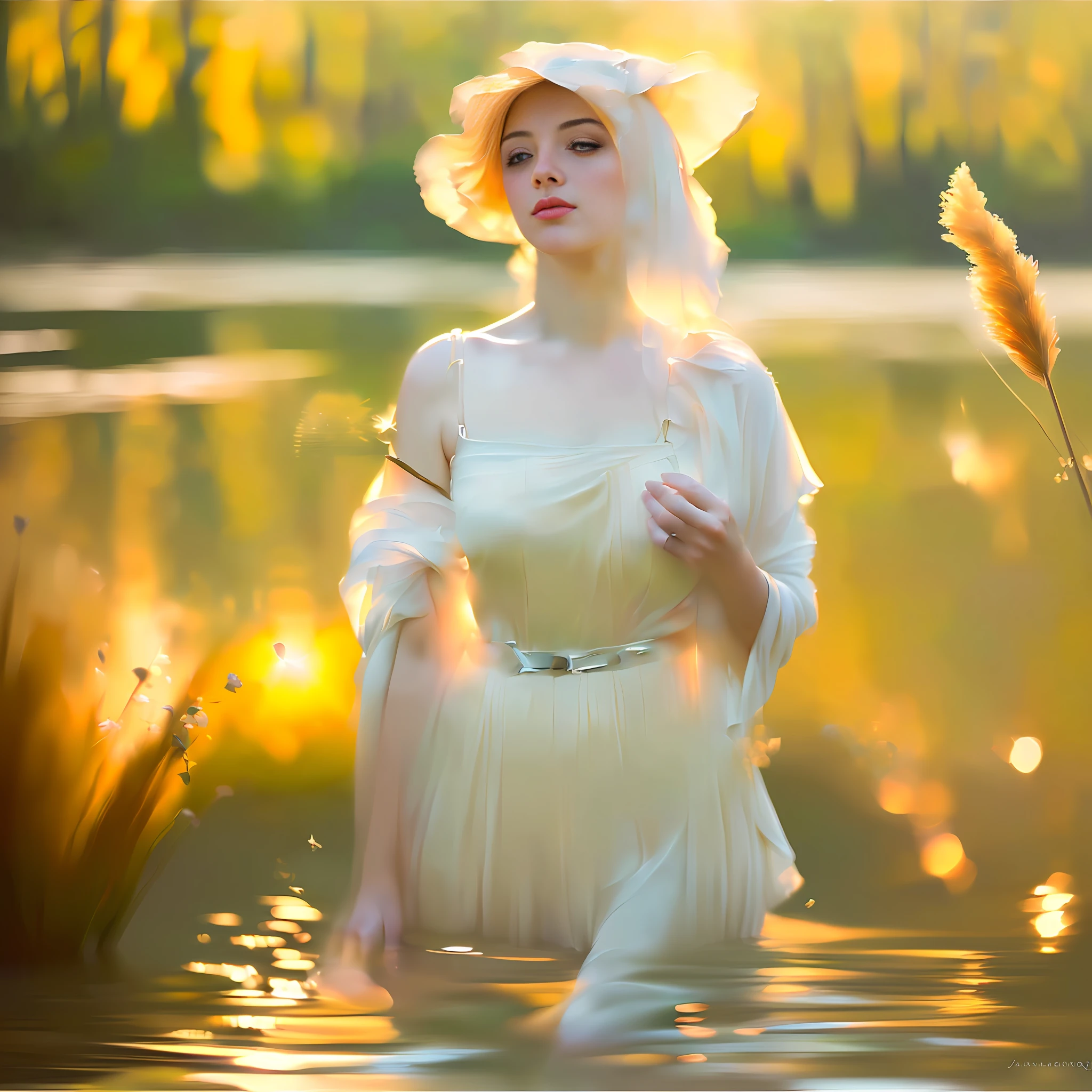 portrait of a cute woman bathing in a river, reeds, (backlighting), realistic, masterpiece, highest quality, lens flare, shade, bloom, [[chromatic aberration]], by Jeremy Lipking, by Antonio J. Manzanedo, digital painting