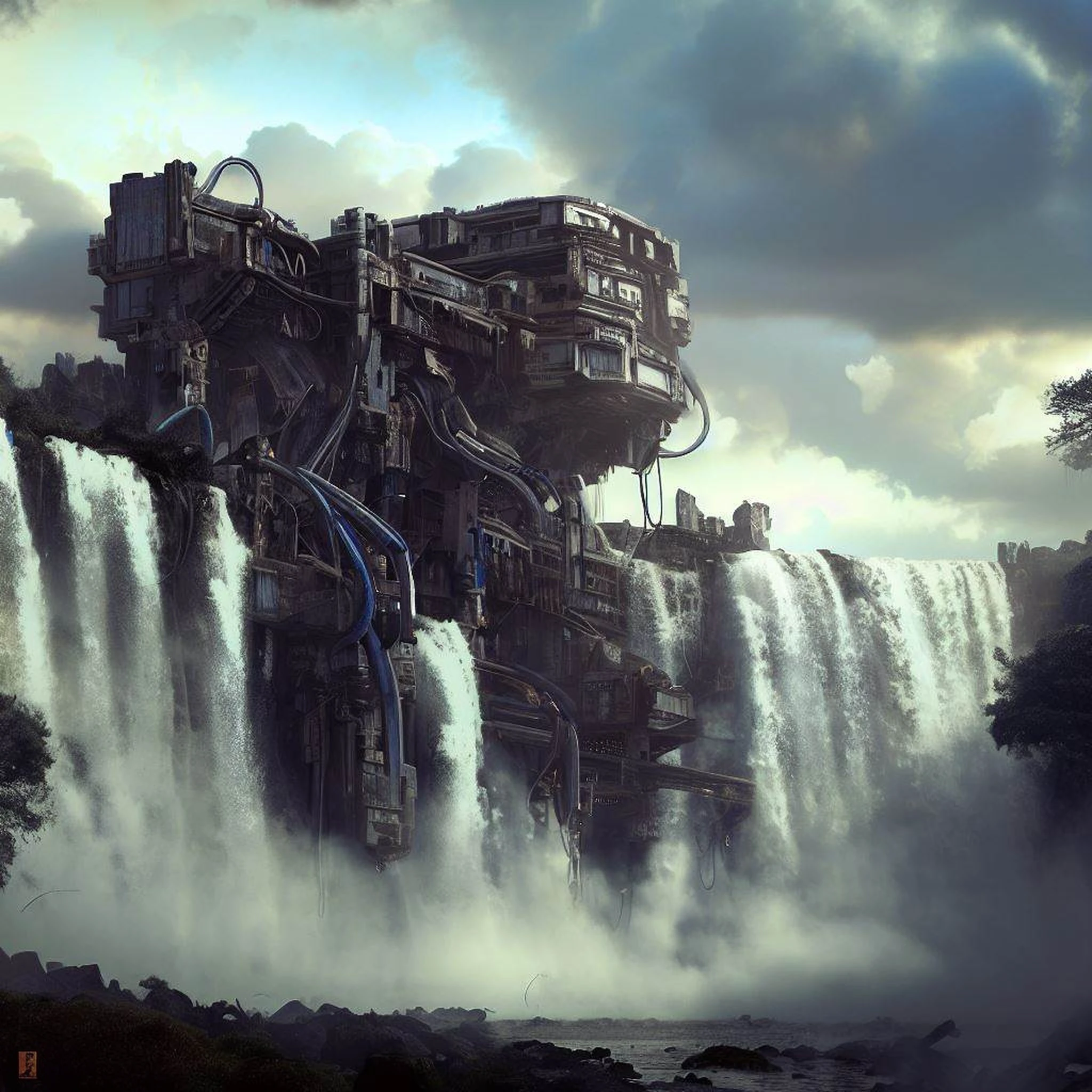 there is a waterfall with a building on top of it, ambiente brutalista cachoeira, arte conceitual altamente realista, Foto impressionante arte conceitual real, bela arte conceitual 3D, amazing concept art, Sci impressionante-ser arte conceitual, matte painting of steam machines, 3D render e pintura fosca, mystical sci-ser arte conceitual, arte conceitual impressionante, dramatic concept art