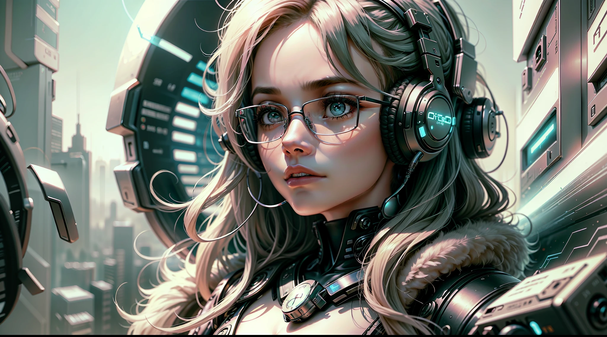 Crie uma imagem de uma mulher com estilo, wearing glasses and listening to music in a futuristic and technological city --auto --s2