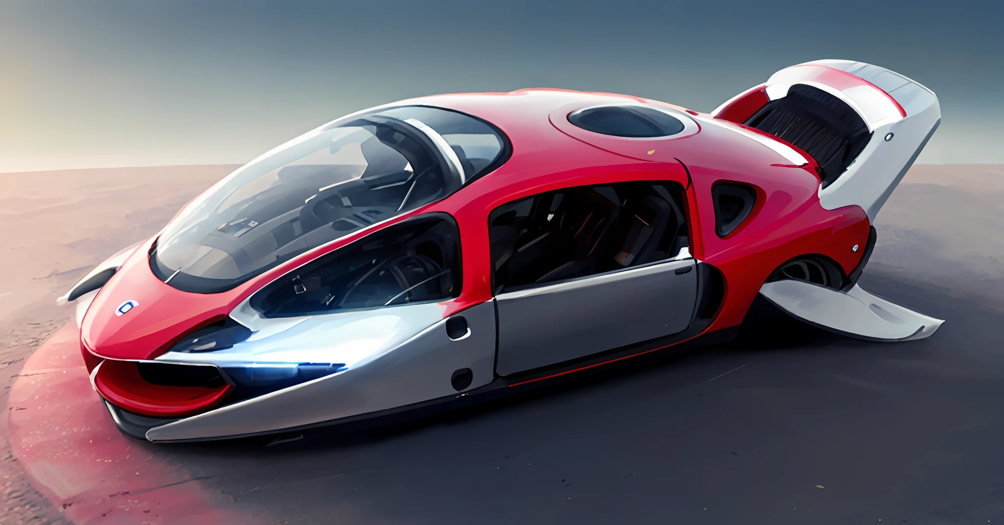 um close up de um carro vermelho e prateado em uma estrada, carros voadores, produto futurista carro tiro, futuristic vehicles, carro voador, futuristic vehicle, carros futuristas, carro futurista, vehicle concept photo!!, muito futurista, carro conceito futurista, transportation design render, conceito de carro futurista, render de supercarro futurista, Pininfarina, muitos carros voadores, Suzuki futurista