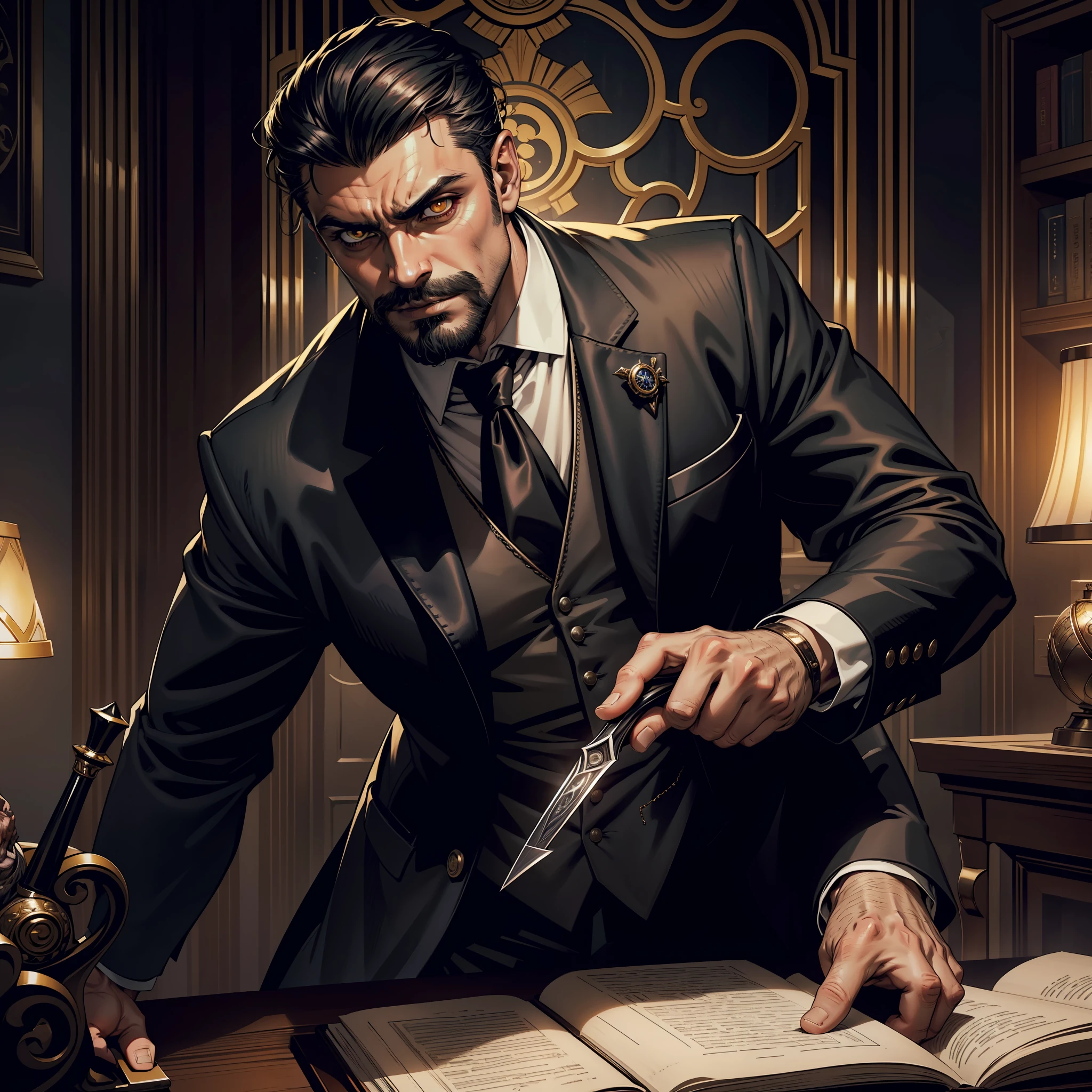 (extremely detailed 8k wallpaper), dark theme, Vampire the Masquerade, modern horror, 2020s, middle-aged man, wearing expensive black designer suit with silver tie, sharp focus, (subsuperficial scattering:1.1), award-winning photography, centered face, Oscar Isaac's face, ((a shapeshifter))), half-body shot:1.1, medium black hair, supernatural yellow eyes, black beard and mustache, enigmatic expression, mystical library interior with a large silver dagger on a study table, dramatic lighting