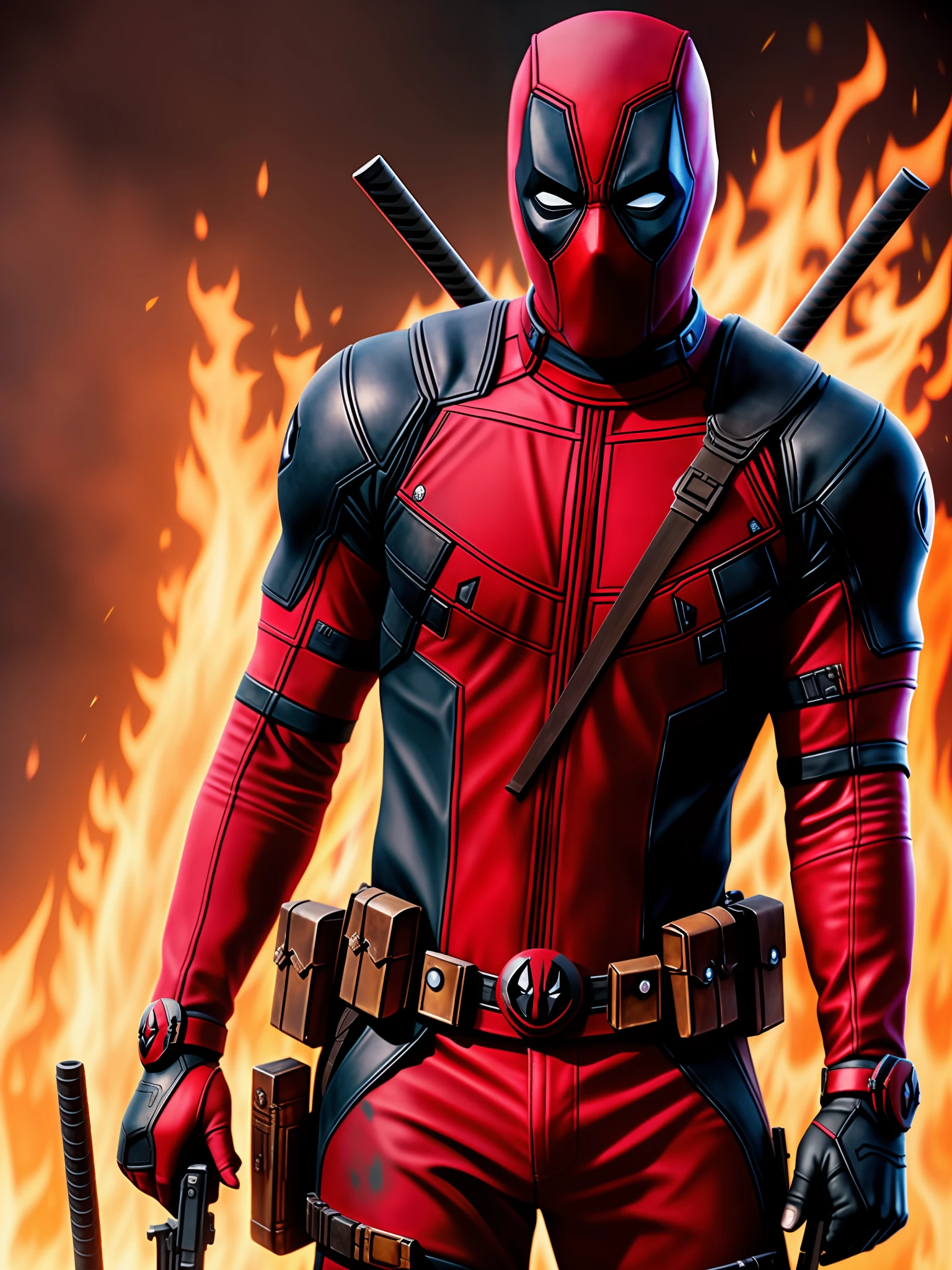 cinematic shot of realistic cute deadpool , surounded by fire, seamless, epic, cinematic, intricate detail, award winning, great lighting, shading, high quality, detailed