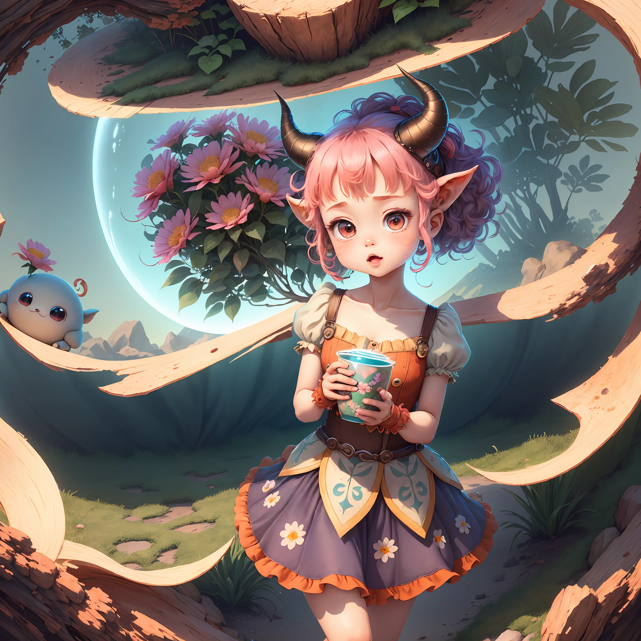 (extremely cute and delicate CG illustration, ultra-detailed and ultra-high quality), best illumination, best shadow, an extremely cute and adorable cu73cre4ture (agama), with big round eyes and a small cute mouth, small horns on its head, vibrant and vivid colors, dynamic angle, dynamic pose, floating, in a magical and enchanting place, with lush vegetation and vibrant flowers.