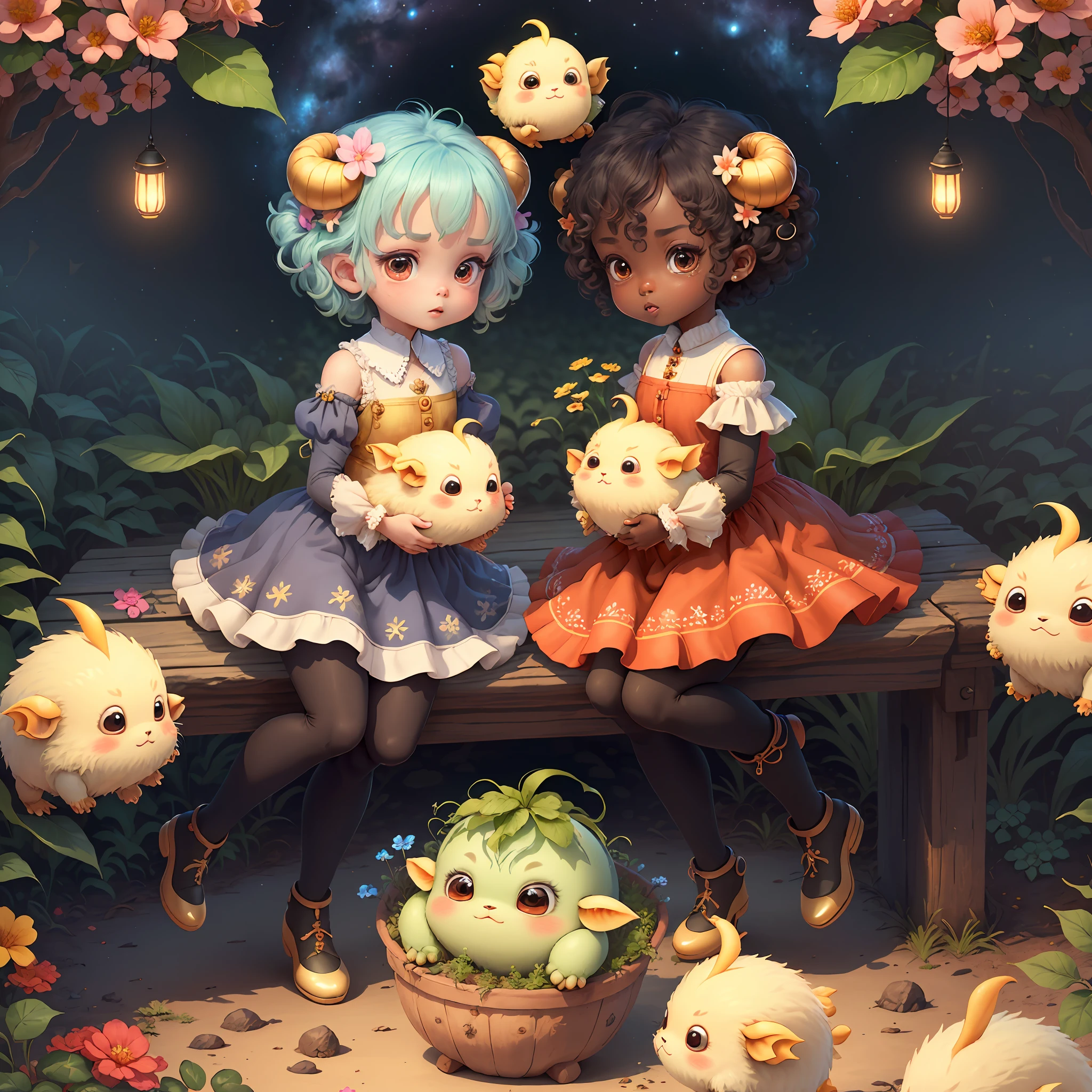 (extremely cute and delicate CG illustration, ultra-detailed and ultra-high quality), best illumination, best shadow, an extremely cute and adorable cu73cre4ture (agama), with big round eyes and a small cute mouth, small horns on its head, vibrant and vivid colors, dynamic angle, dynamic pose, floating, in a magical and enchanting place, with lush vegetation and vibrant flowers.