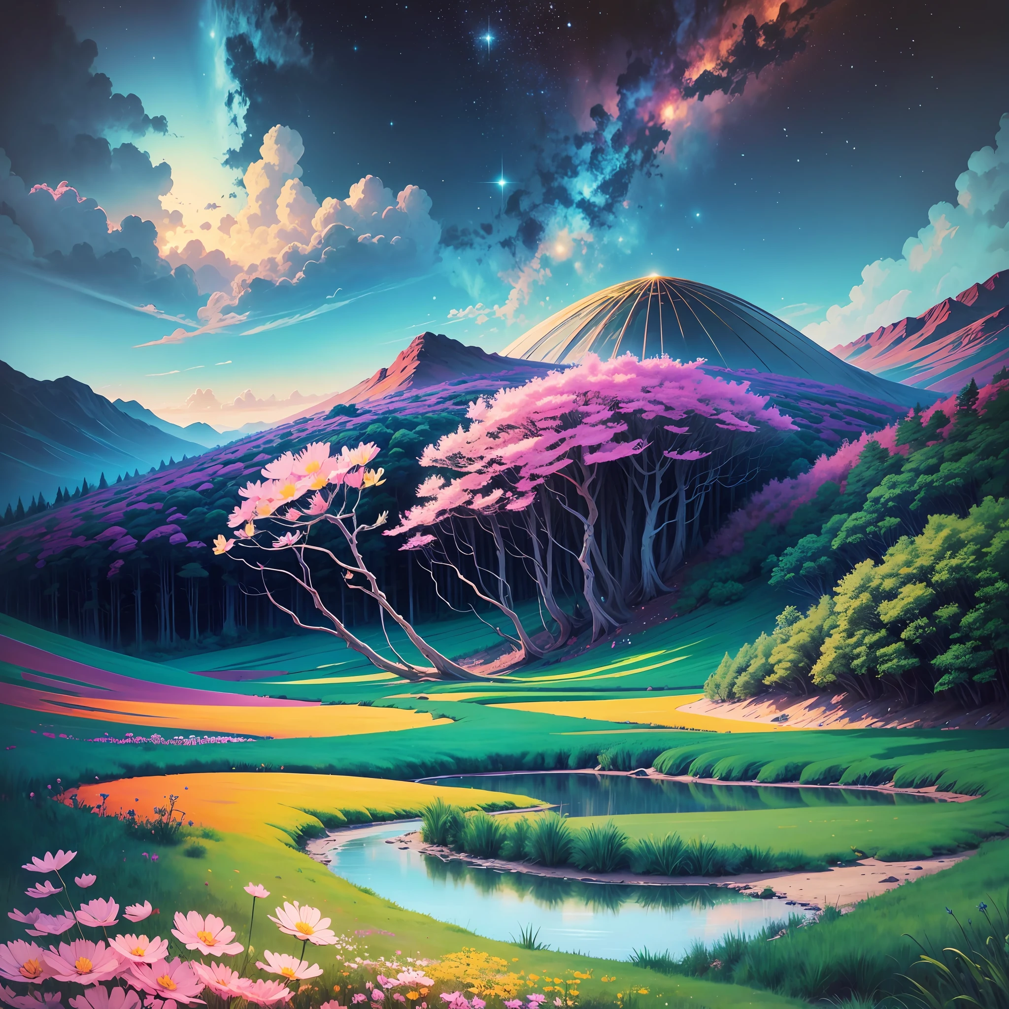 realistic nature landscape, peaceful place for meditation, cosmos art, very colourfull --auto --s2