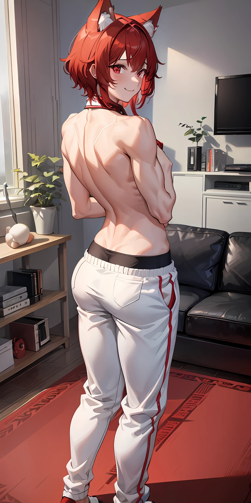 1boy, wolf ears, wolf tail, short fluffy red hair, red eyes, slim waist, ultra masterpiece, shirtless, sweatpants, living room setting, smile, big thighs, seductive, blush, big butt