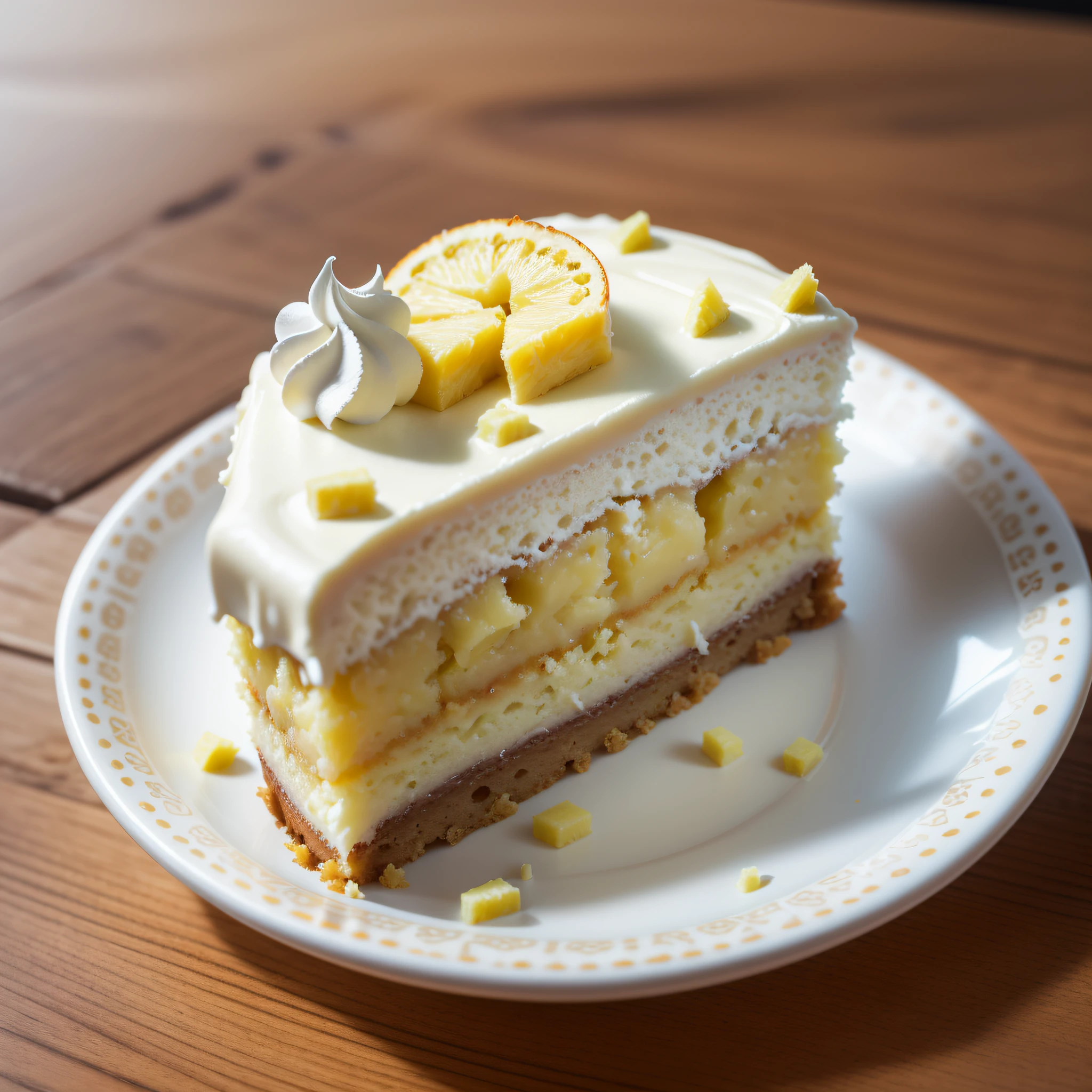 A slice of pineapple cake with vanilla cream and pieces of tropical fruit on it. para usar como logo de uam doceria --auto --s2