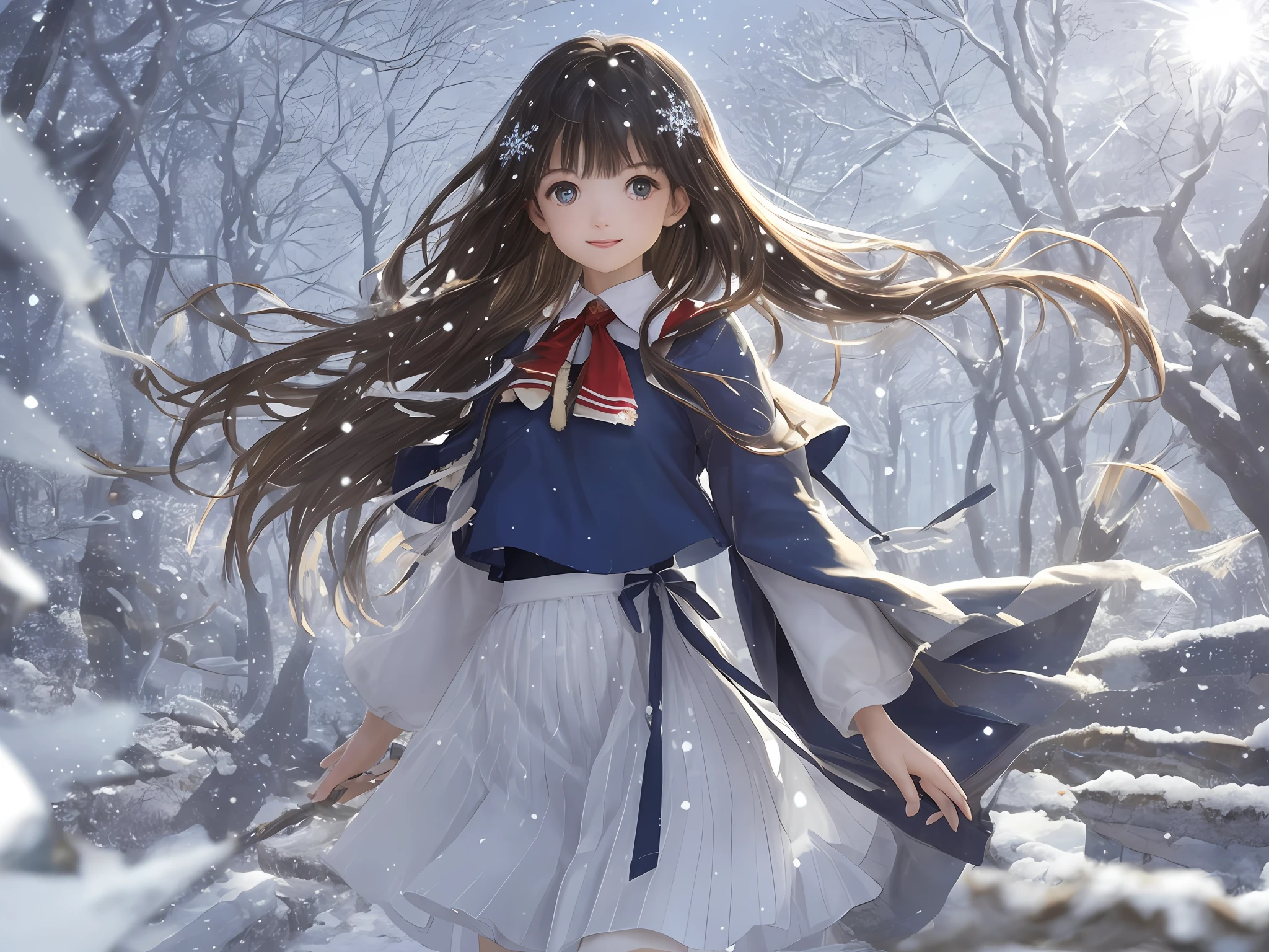 maximum quality, extra detailed, Faint lips,UC:REALISTIC、, cinematic lighting petite 1girl indigo hair brown eyes, seductive happy school_Uniform, floating beautiful detailed sky, an detailed very close to viewers focus on face messy long hair lens flare,light leaks detailed beautiful Snow Forest with Trees spirit ((Snowflakes)),floating sand flow,navel out、breakfast、Overfeeding