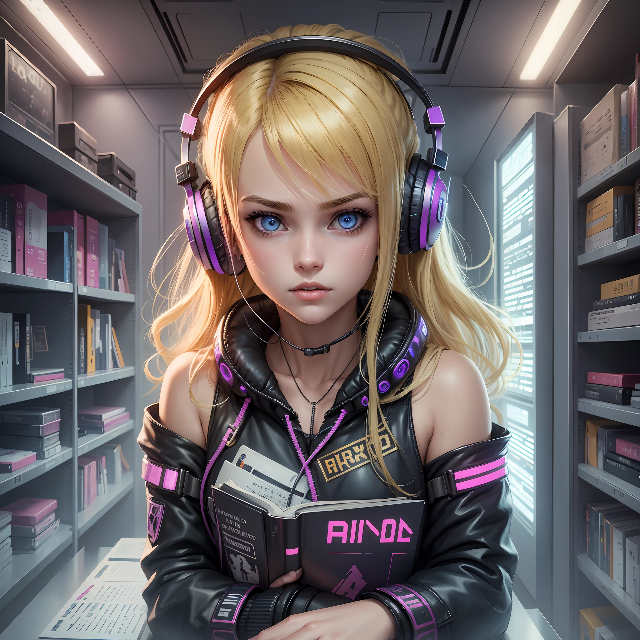 arealistic image a beatifull girl, 18 year old  in a cyberpunk room is larning language. her is blond, expressive eyes, is a headphones and book in hand. --auto --s2