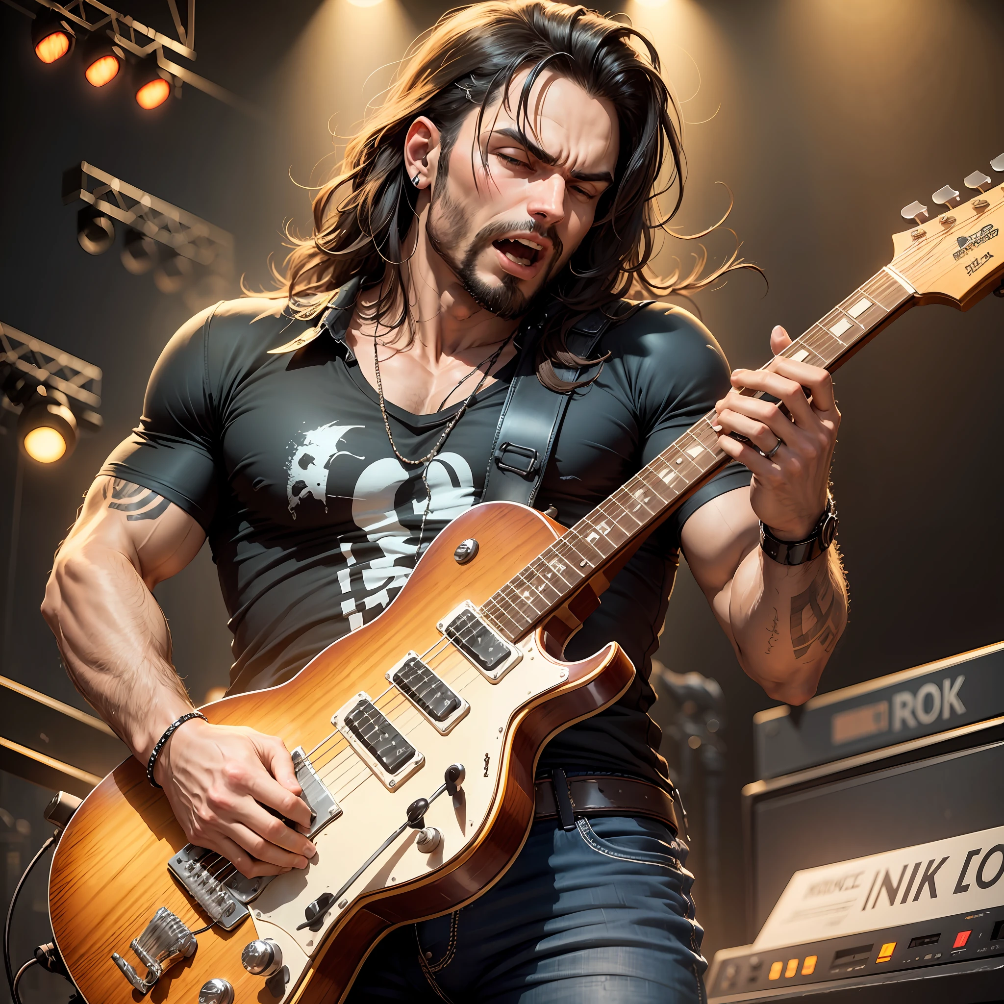 homem, forte, musculoso, rock n' roll, concerto com guitarra, de preto, noite --auto --s2