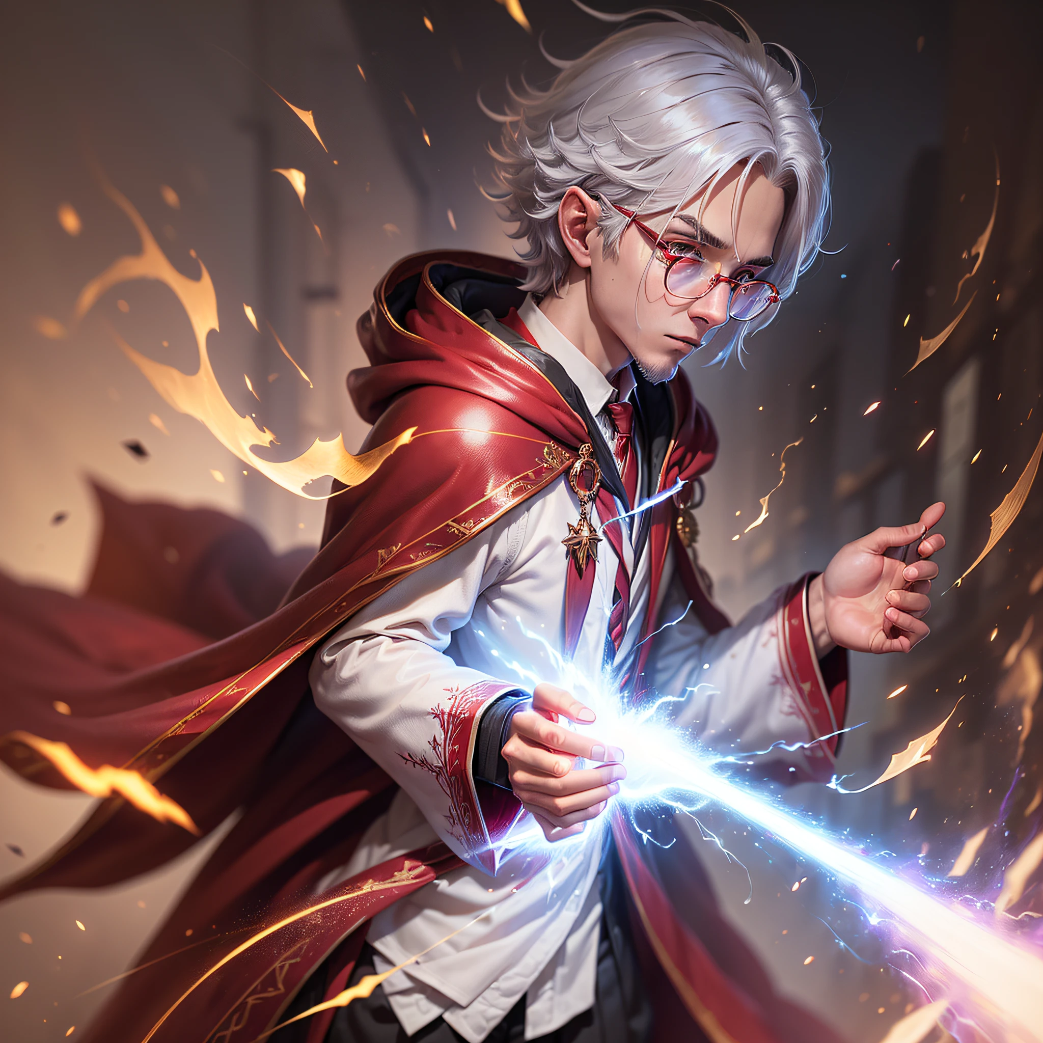 ((man: 1.1), (young:1.2), wizard, to 18 years ol silver hair, glasses, suit, school uniform, (red wizard robe:1.3), gold details, cinematic lighting, drop shadow, ray tracing, motion blur, chromatic aberration, glowing light, Sony FE, Eye-Level Shot, high quality --auto --s2