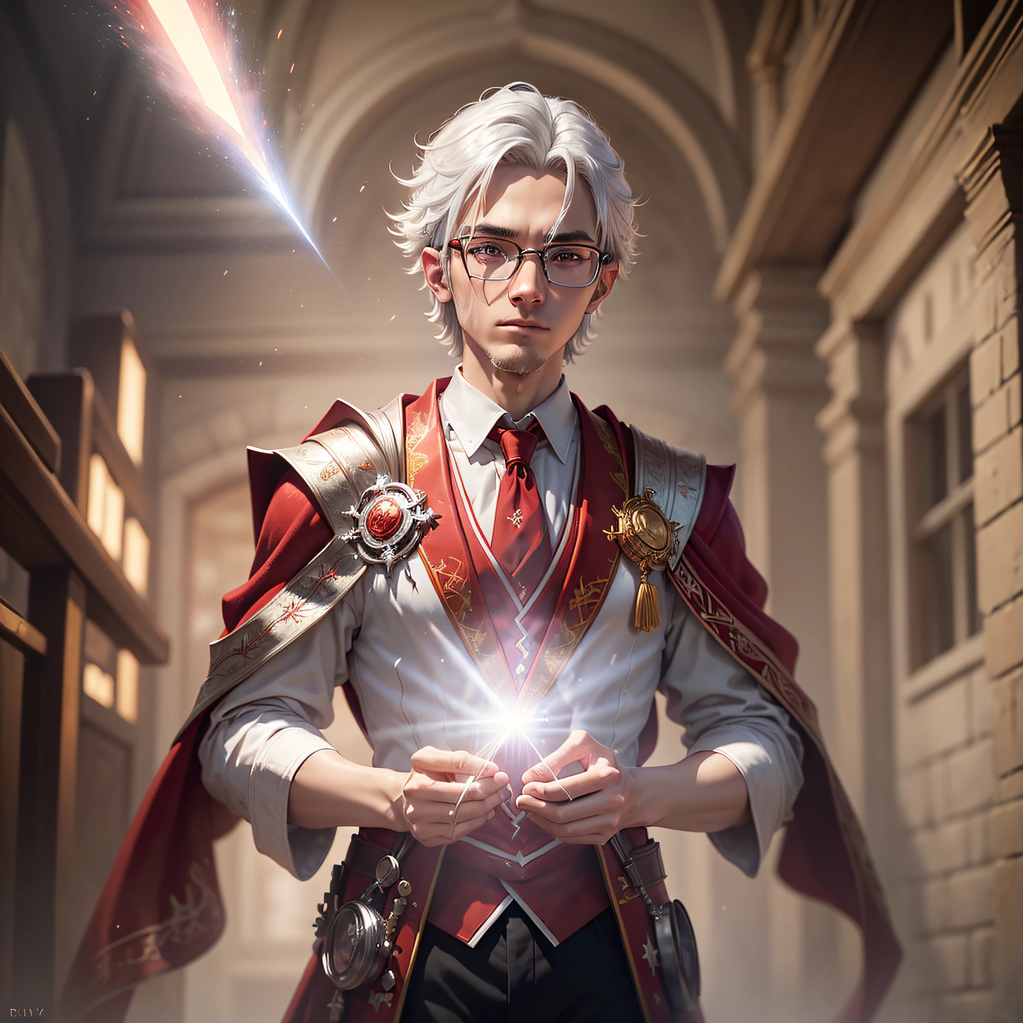 ((man: 1.1), (young:1.2), wizard, 17 to 18 years old), silver hair, glasses, suit, school uniform, (red wizard robe:1.3), gold details, cinematic lighting, drop shadow, ray tracing, motion blur, chromatic aberration, glowing light, Sony FE, Eye-Level Shot, high quality --auto --s2