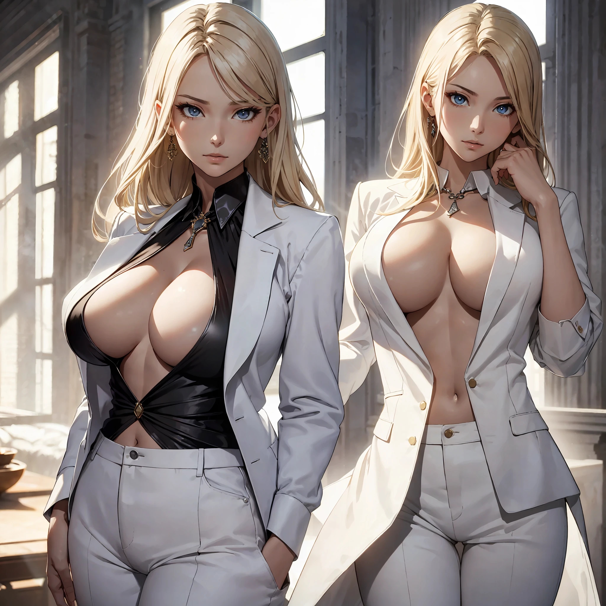 HDR, Best quality, masterpiece, highres, extremely beautiful ,tall, stylish, y, hot, attractive, woman, white formal shirt, black fromal pants, blonde hair, cleexy figurexpressive, perfect female anatomy, at home, ambient lighting, studio lighting, award winning, closeup, aesthetic, jewelry