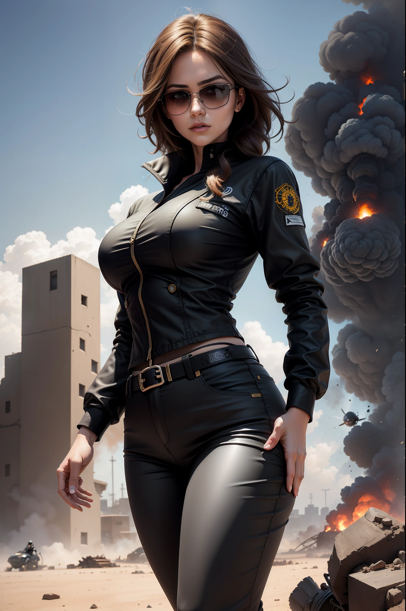 Medium-breasted woman, trousers, rebites, coldres, arma grande, cabelo preto longo, oculos de sol, nas ruinas, explosions behind.