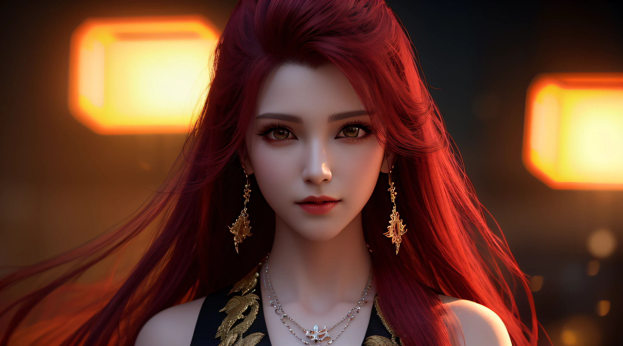vampire, best quality, masterpiece, highres, 1girl, chinese dress, red hair, hair ornament, necklace, jewelry, beautiful face, sobre_corpo, tyndall effect, photorealistic, dark studio, rim lighting, two-tone lighting, (highly detailed skin: 1.2), 8k uhd, Dslr, soft lighting, high quality, volumetric lighting, sincere, photography, high resolution, 4k, 8k, Bokeh