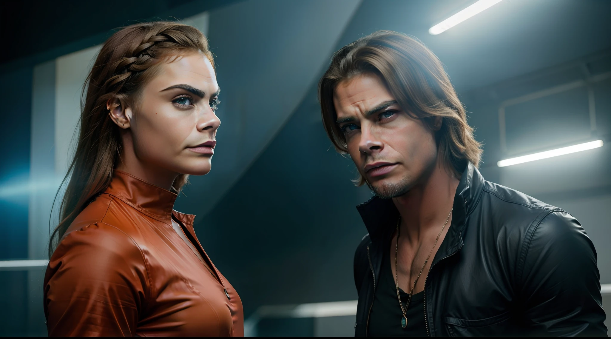 pessoas, loiras (Cara Delevingne), morenas (Brad Pitt), ruivas (Amy Adams), masculino, feminino, desfrutando de atividades de lazer, roupas esportivas, Solarpunk environment with advanced technology, vibrante, fotorrealista, realista, dramatic, cinematic lighting, focus sharp, 8k