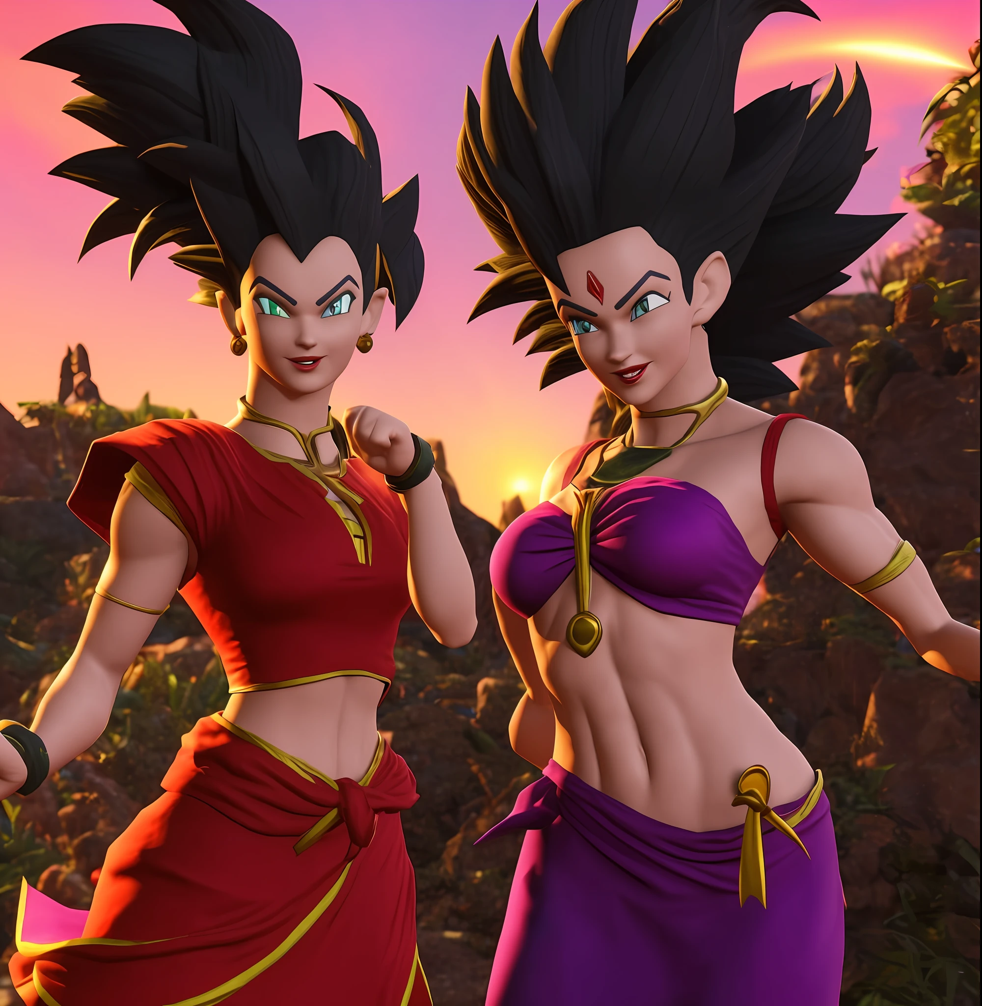 uma imagem  de duas mulheres bem encorpadas em torno dos 18 anos em roupas vermelhas e roxas (insanamente detalhado:1.5), mulher saiyajin, pose, Personagens Caulifla e Kale