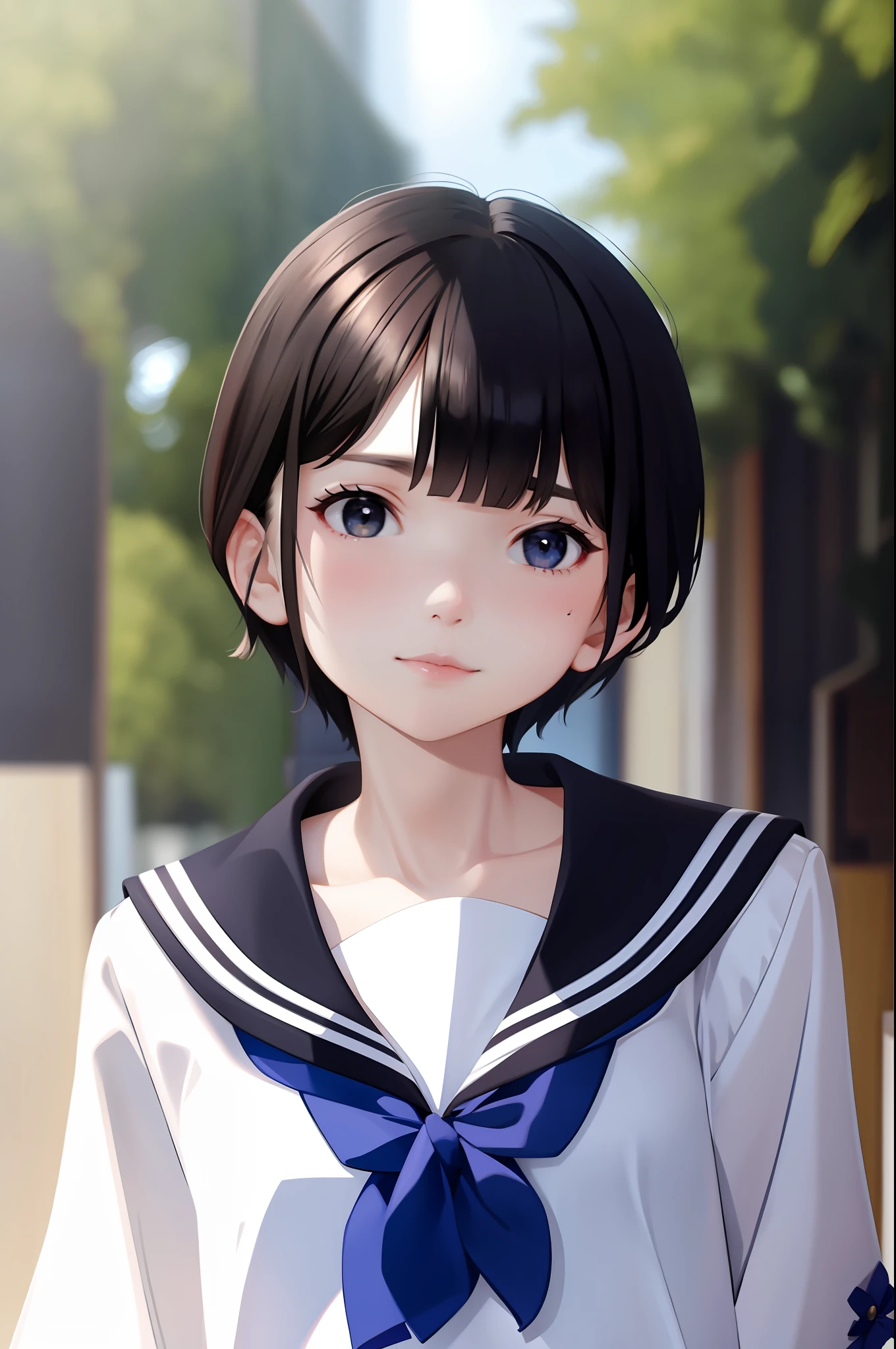 middle School girls、sailor suit、、small breasts、shorthair、dark black hair、School