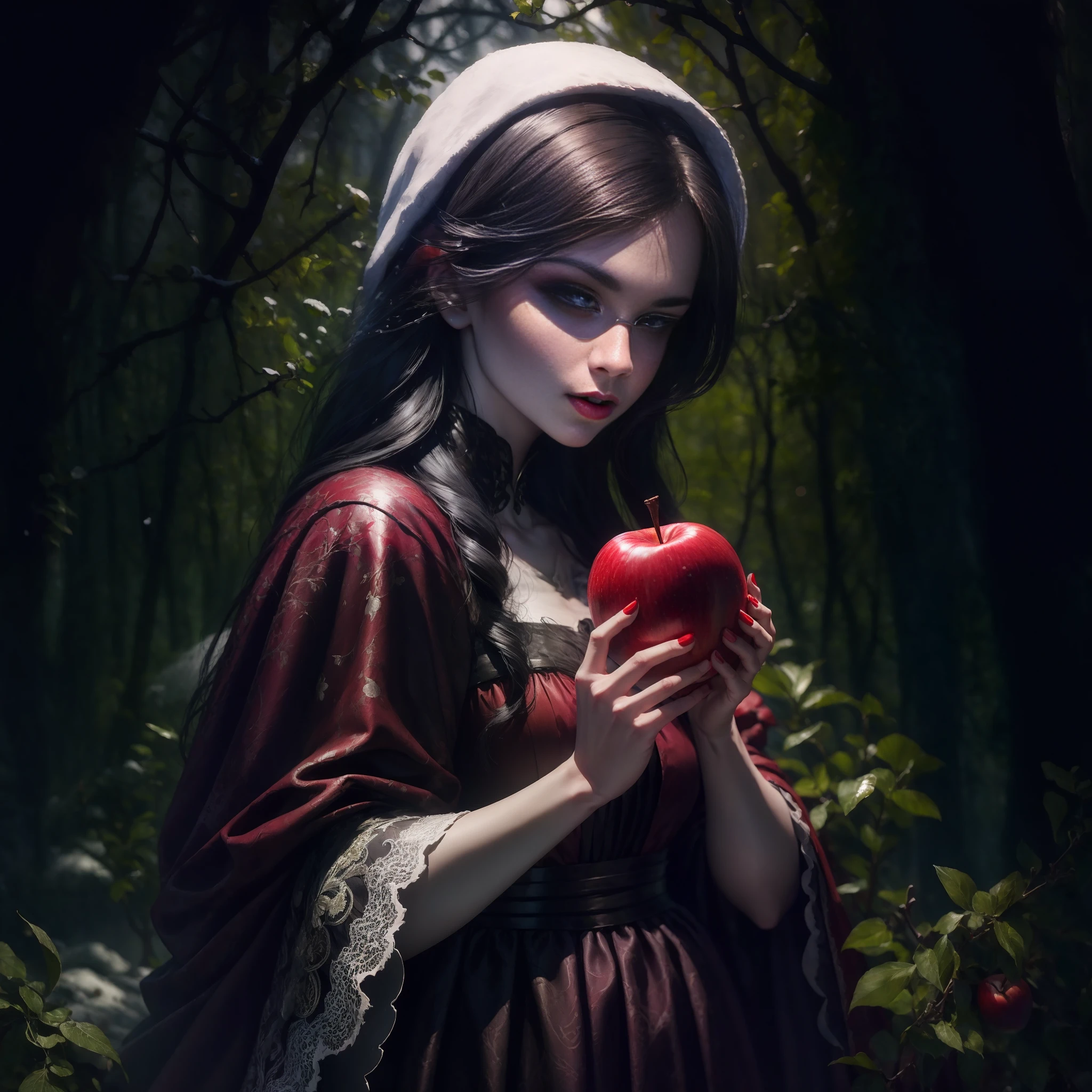"(((masterpiece))), person as Snow White, holding a red poison apple, forest, eerie atmosphere, dark shadows, dramatic lighting"
