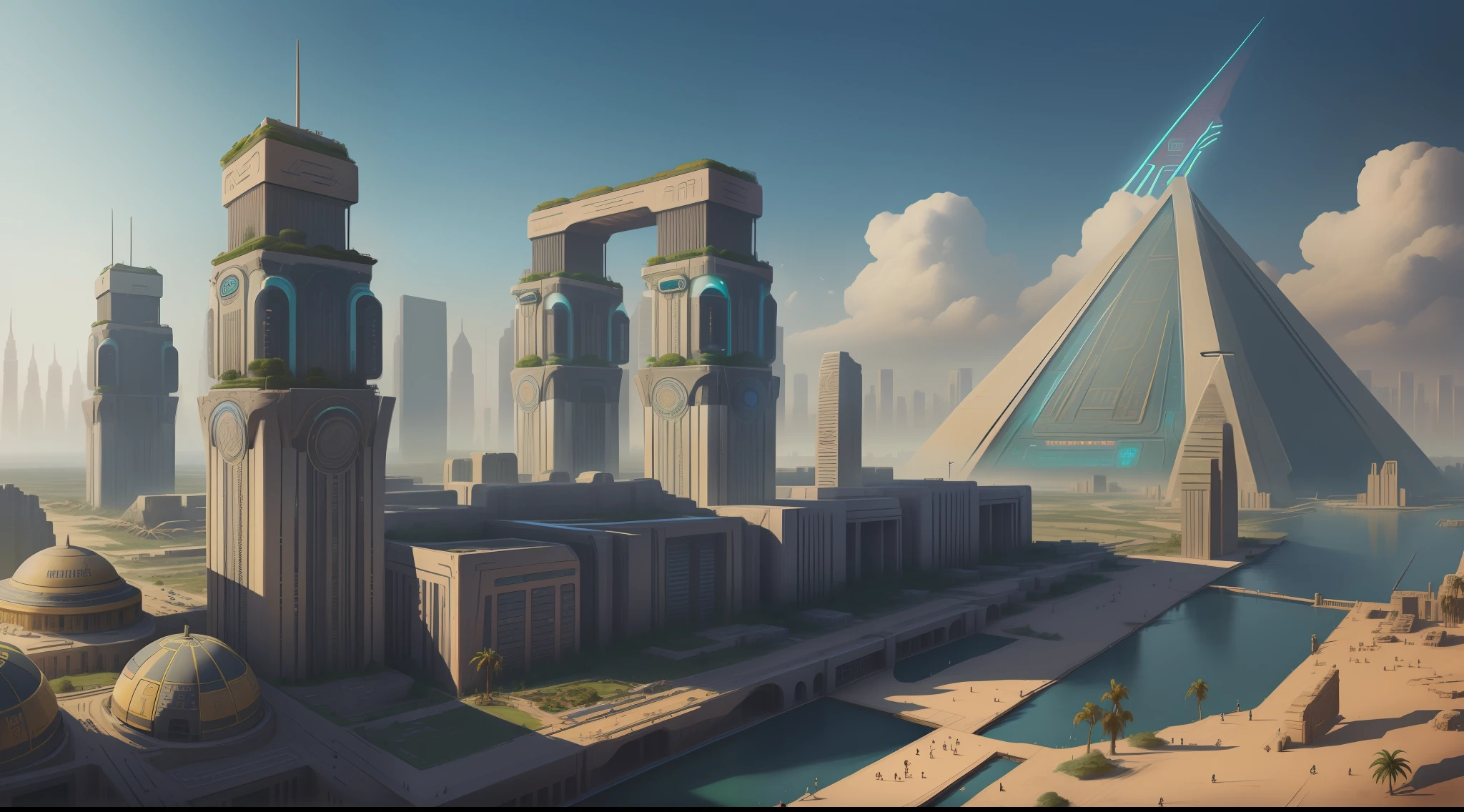 Create an image of a futuristic, ultra-realistic and ultra-detailed city, based on ancient Egypt, with cyberpunk themes, contrasting vegetation, buildings